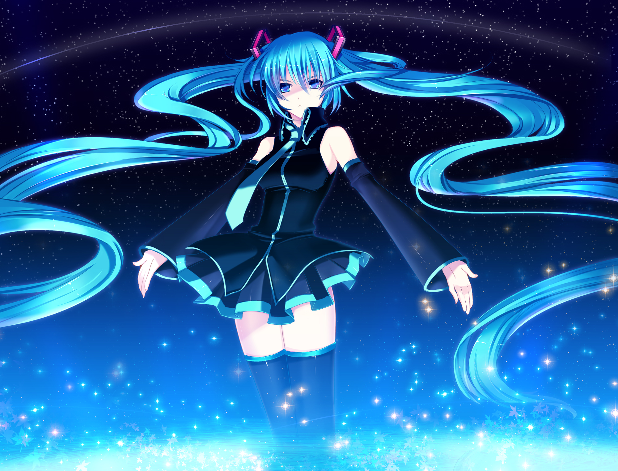Anime - Vocaloid  - Hatsune Miku - Sky - Night - Stars - Twintails - Aqua Hair - Aqua Eyes - Skirt - Tie - Dress Papel de Parede