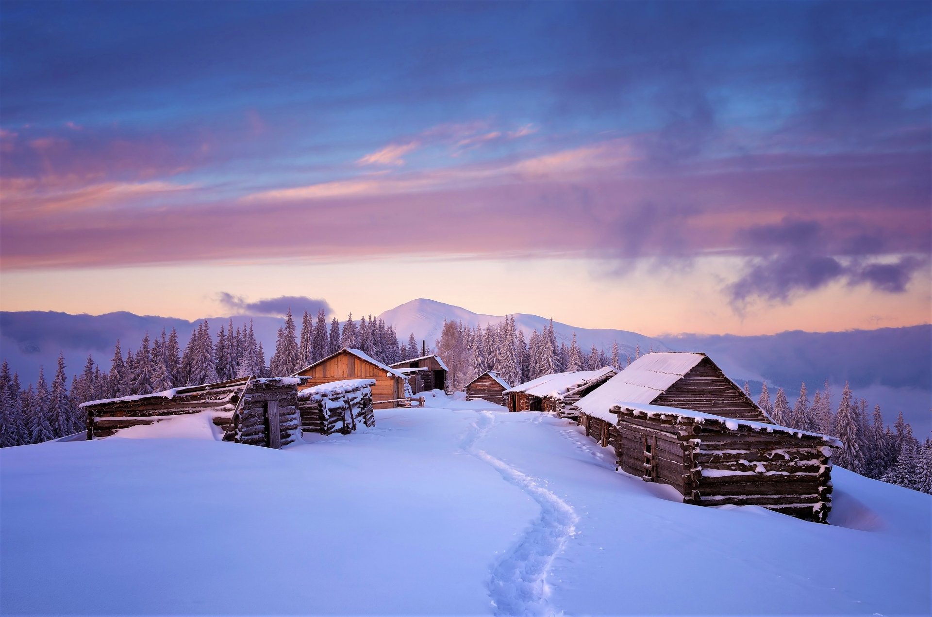 Cabins On Winter Mountain 4k Ultra Fondo De Pantalla HD Fondo De