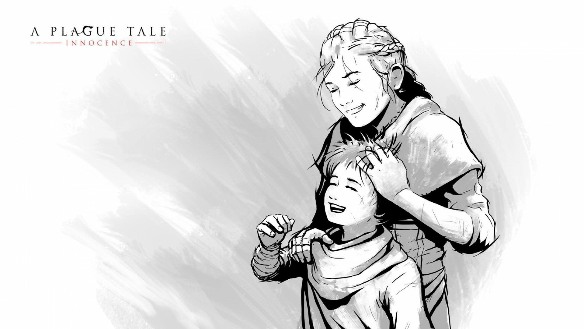 HD wallpaper featuring Amicia and Hugo de Rune from A Plague Tale: Innocence in a monochrome illustration.