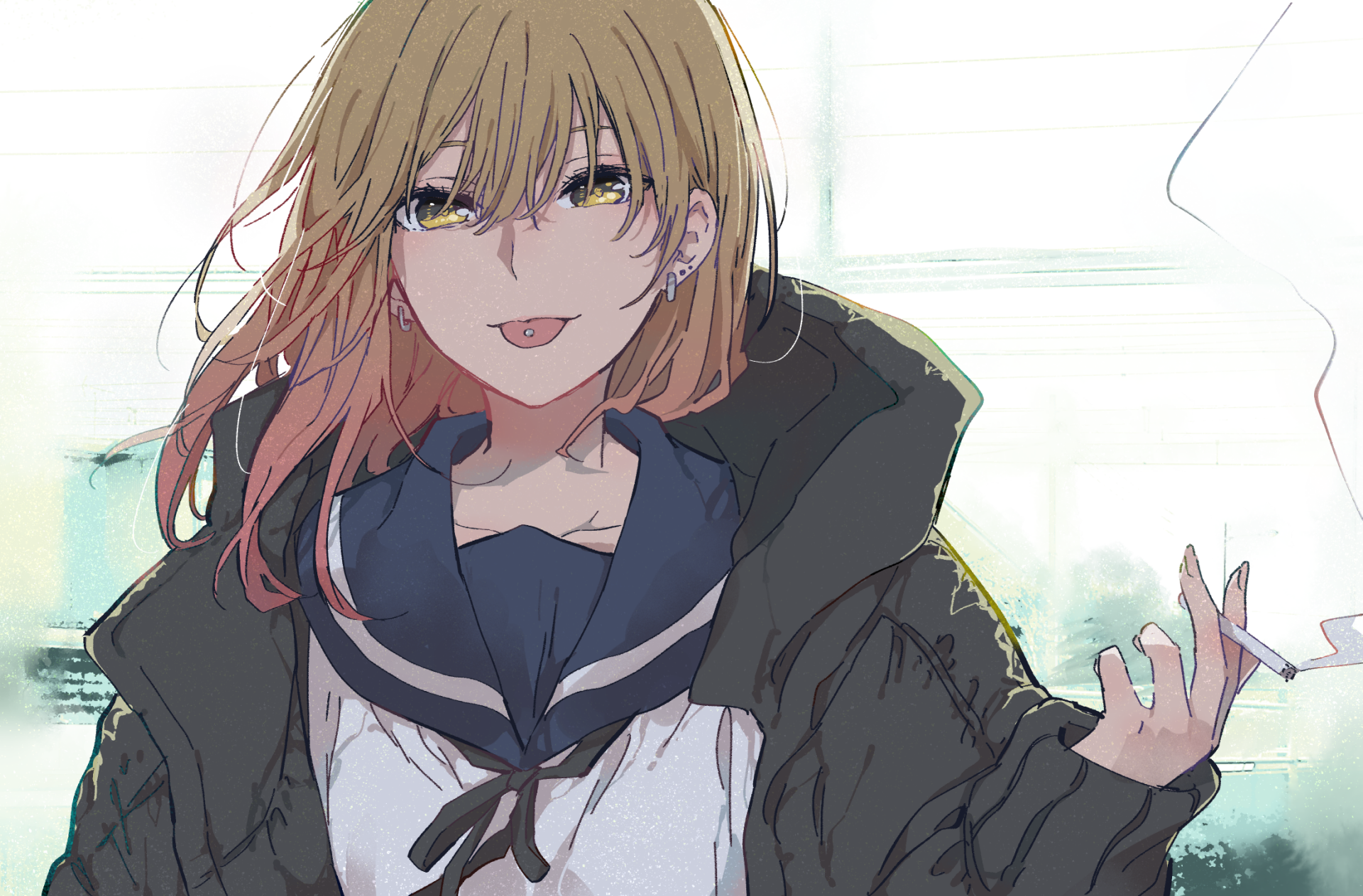 Anime-style original HD wallpaper of a blonde character with yellow eyes, wearing earrings and a dark jacket, casually holding a cigarette.