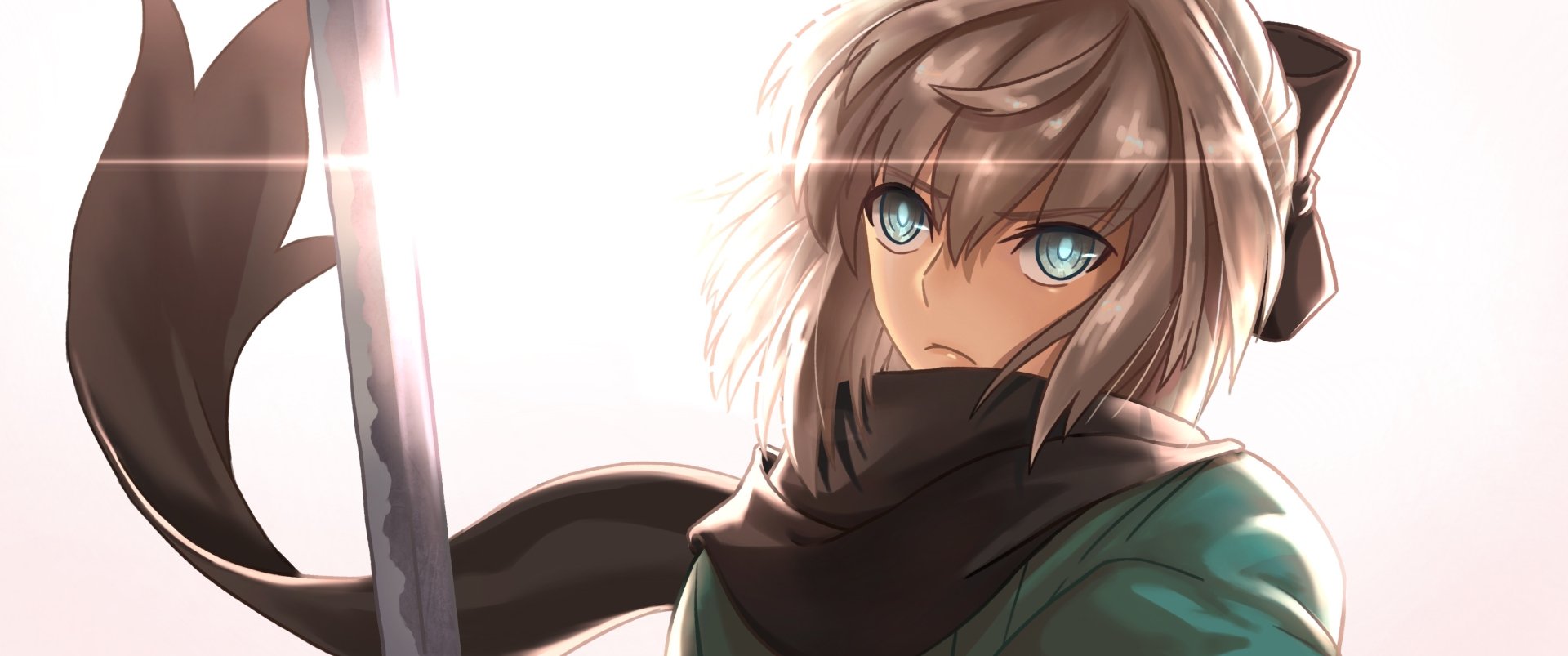HD anime wallpaper featuring Okita Souji from Fate/Grand Order, showcasing detailed art with striking blue eyes and a dynamic pose holding a sword.