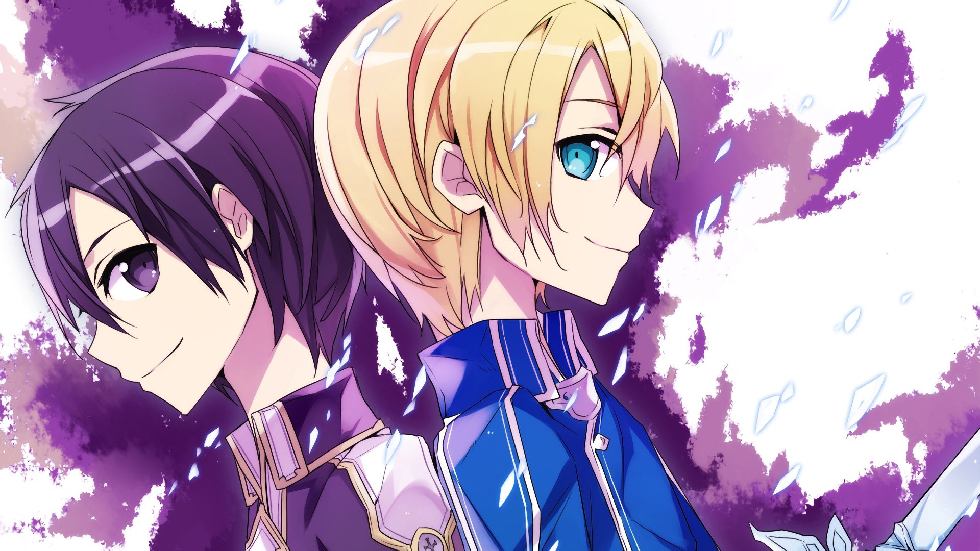 Sword Art Online: Alicization 4K Ultra HD PC wallpaper — Kirito (Kazuto Kirigaya), purple-haired with purple eyes, and blonde Eugeo with blue eyes back-to-back on a purple splash background.