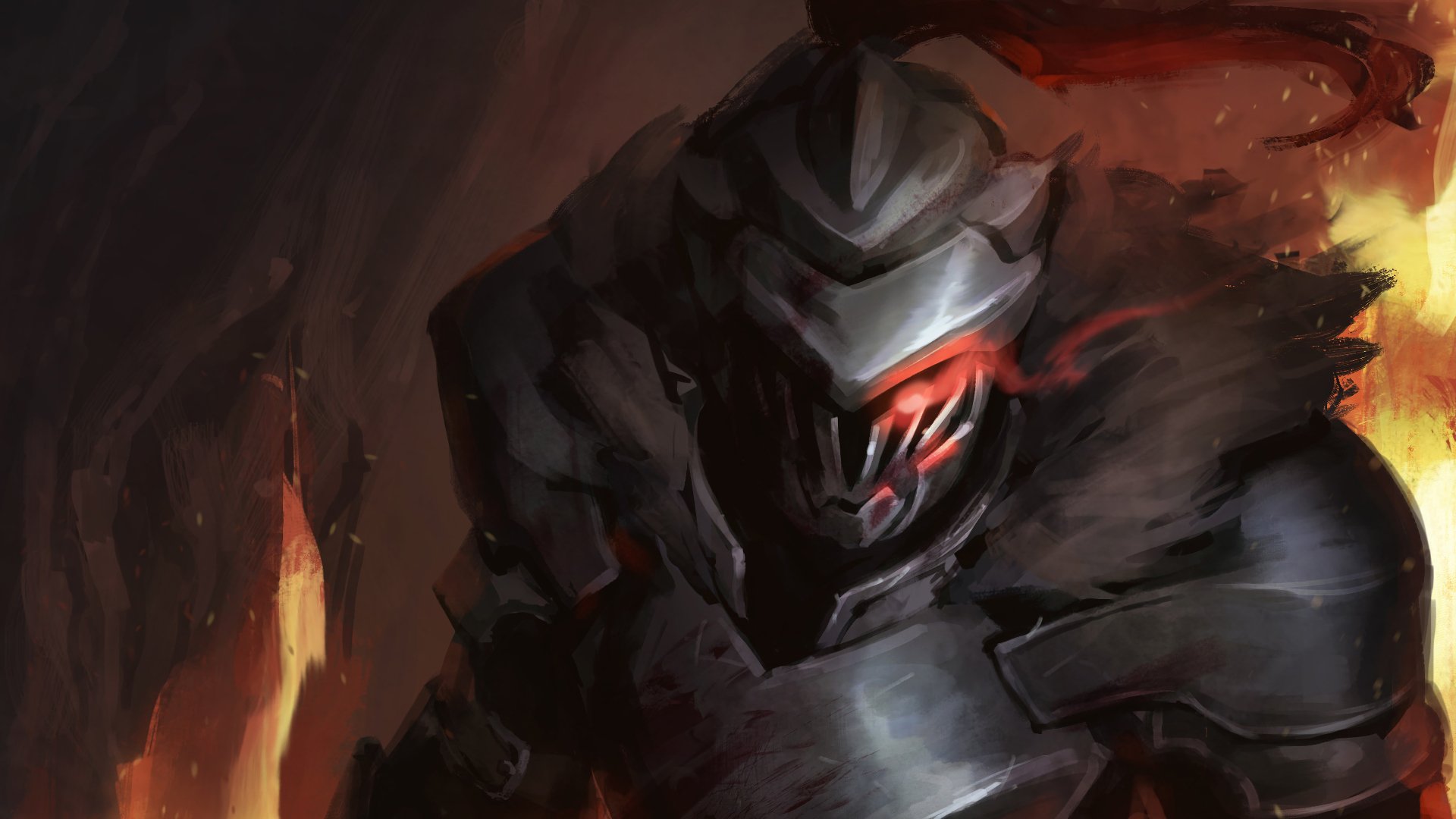 Dark, intense anime scene featuring Goblin Slayer in battle-ready armor with glowing red eyes, rendered in stunning 4K Ultra HD for PC desktop wallpaper.