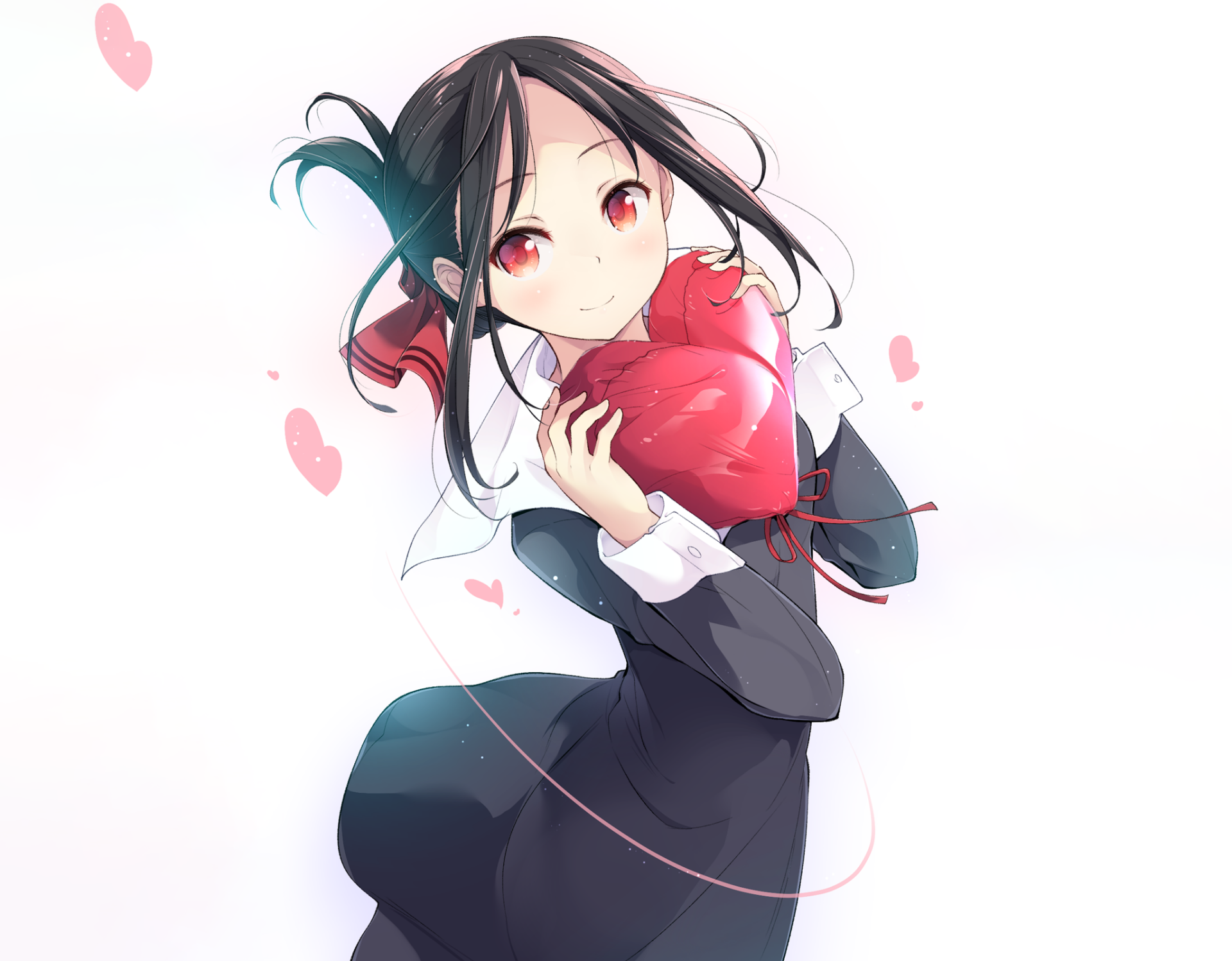 HD PC wallpaper featuring Kaguya Shinomiya from Kaguya-sama: Love is War, wearing a black dress and skirt while holding a red heart-shaped object.