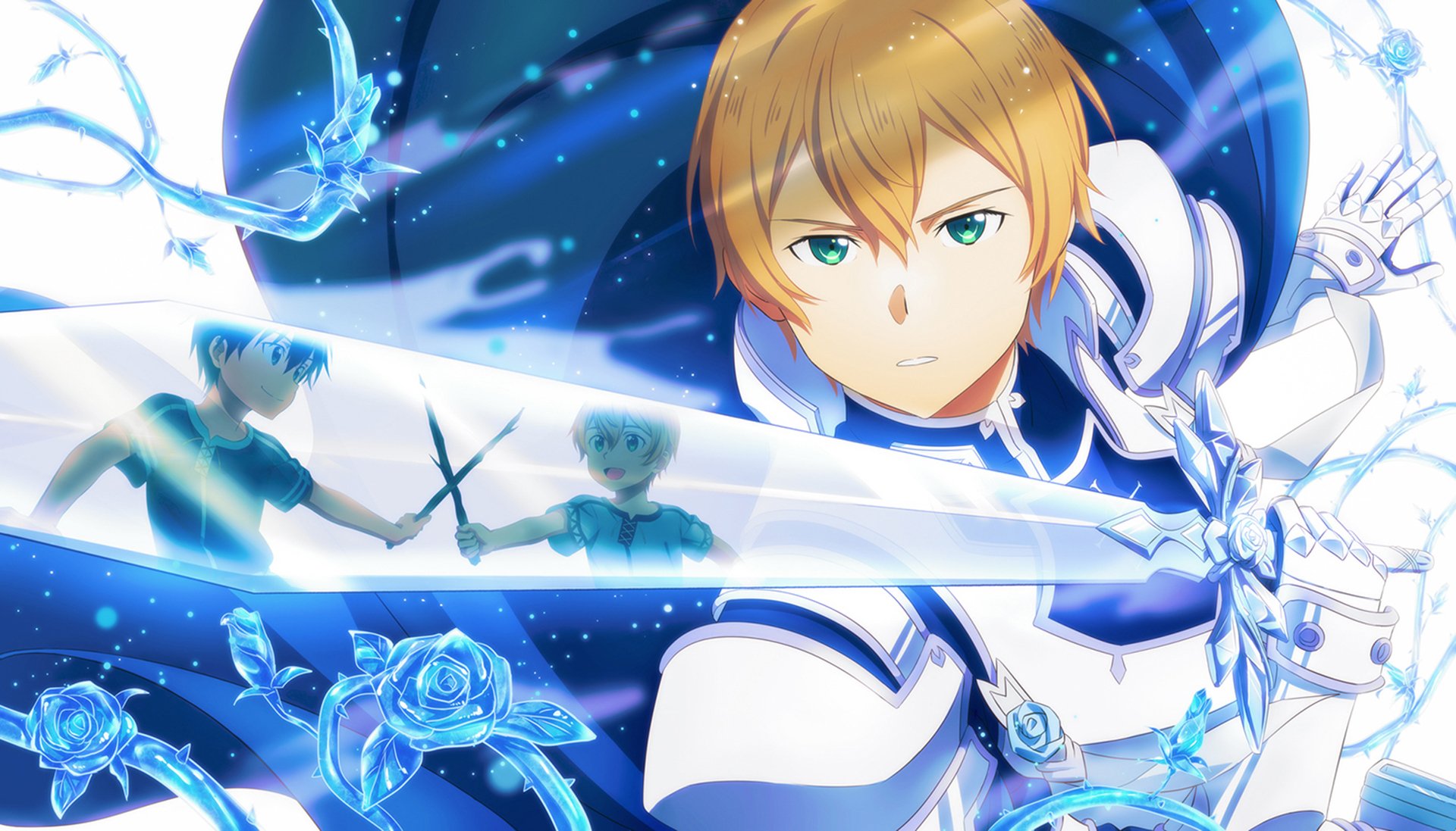 A vibrant scene featuring the Blue Rose Sword from Sword Art Online, with Kirito and Eugeo, set against a captivating HD desktop wallpaper background.