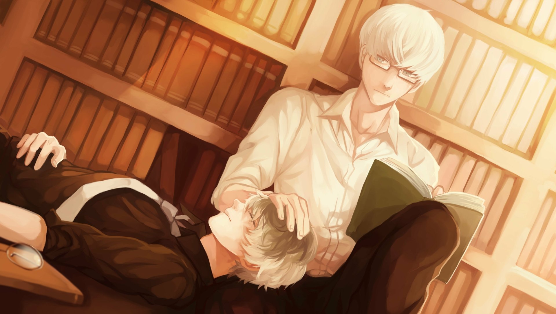 HD desktop wallpaper from Tokyo Ghoul:re featuring Haise Sasaki reading a book beside a sleeping Ken Kaneki, both with white hair, set against a backdrop of bookshelves.