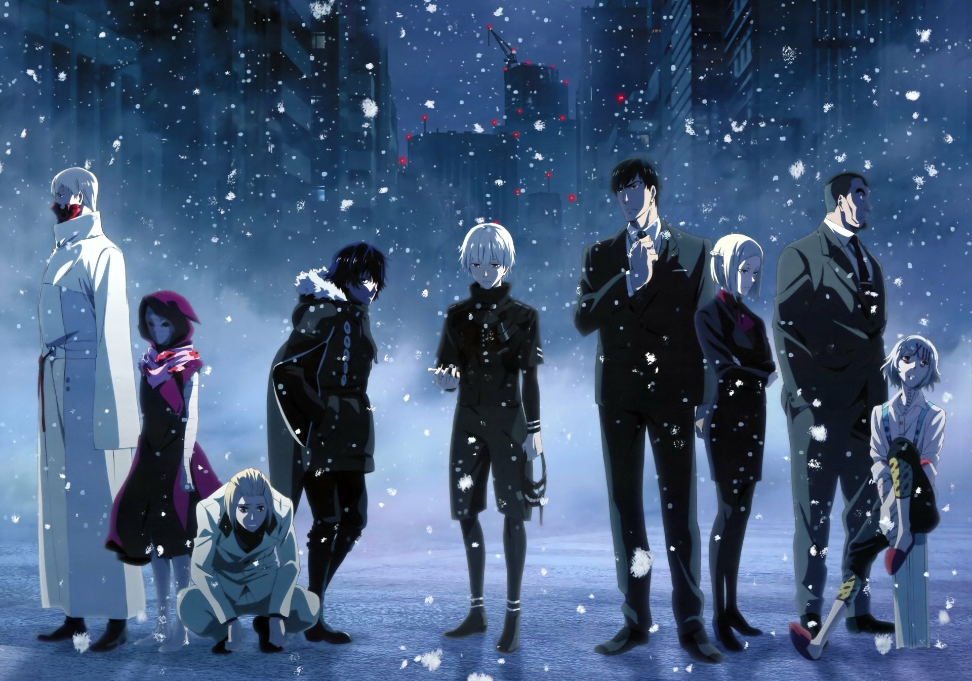 A group of iconic Tokyo Ghoul characters featured in a vibrant HD desktop wallpaper, including Tatara, Ayato Kirishima, Yukinori Shinohara, and more.
