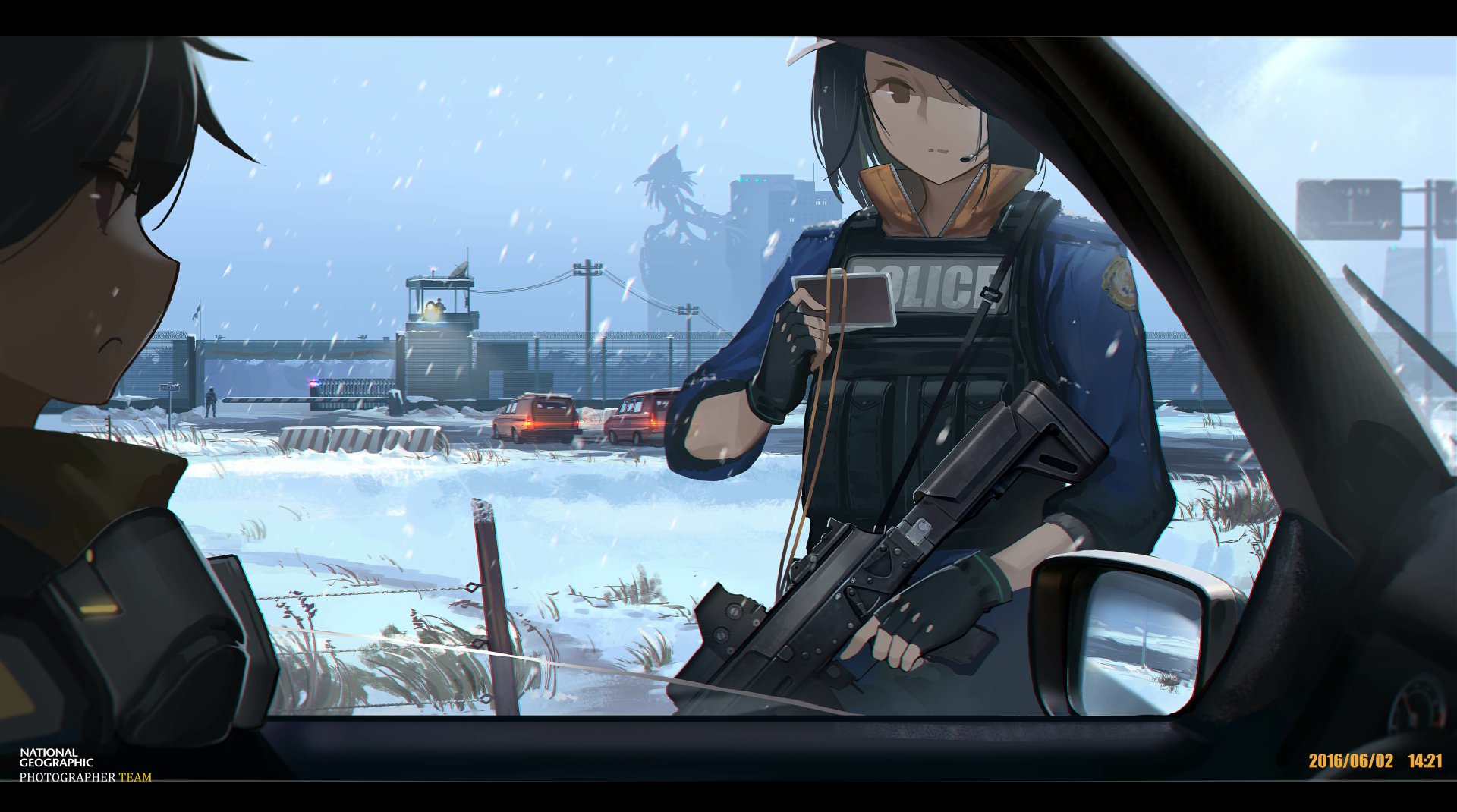 HD anime wallpaper featuring a police officer with a gun standing outside a car window in a snowy setting.