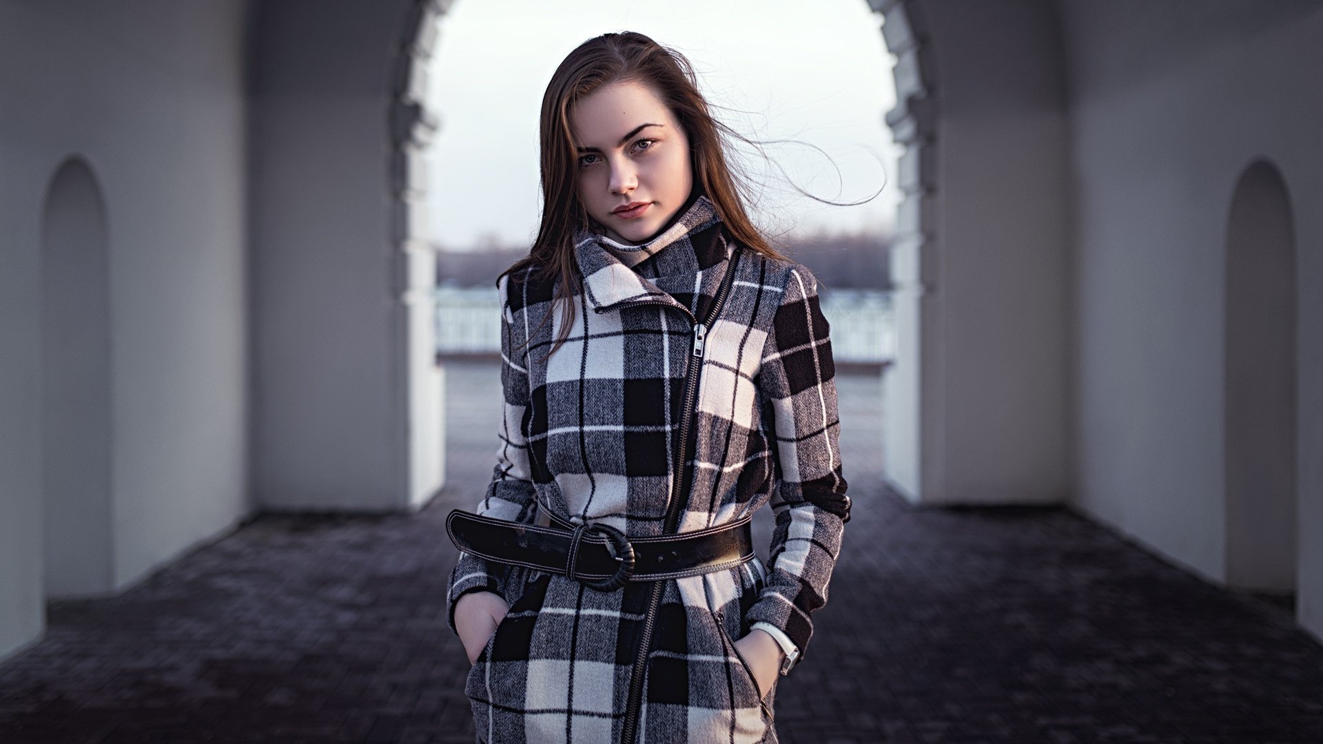 Download Brunette Coat Woman Model HD Wallpaper