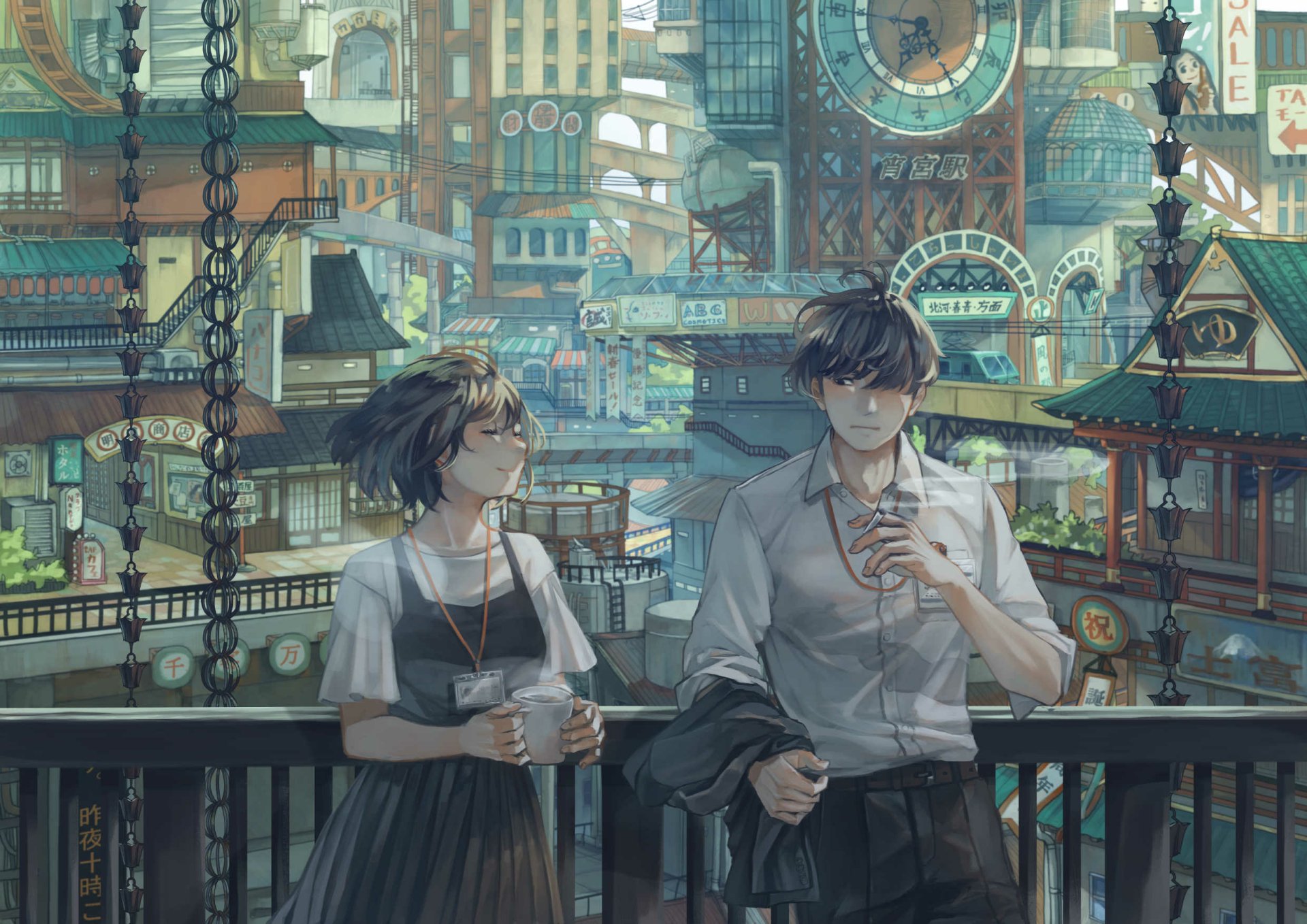 Anime-style city scene with two short black-haired characters smoking cigarettes, set against a detailed urban backdrop, captured in HD for a PC desktop wallpaper.