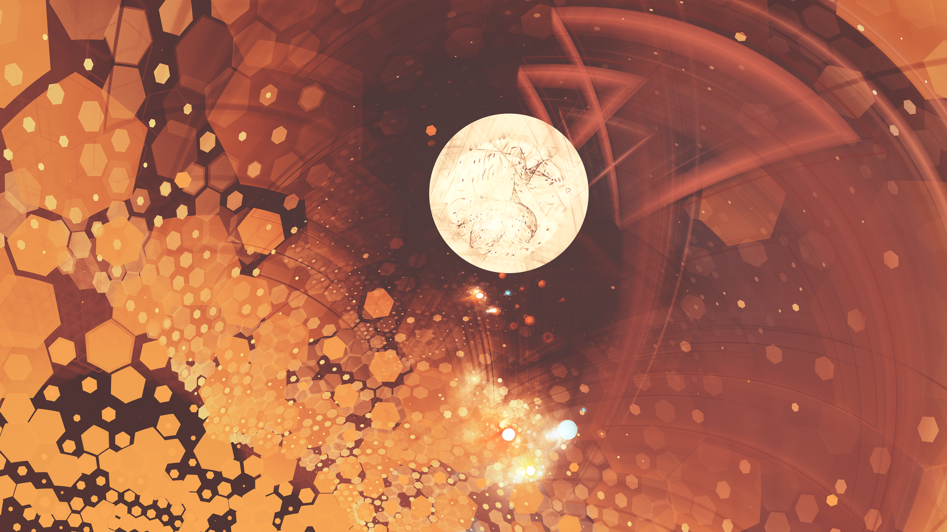 HD desktop wallpaper featuring an abstract, fractal pattern in shades of orange, with a psychedelic, trippy design incorporating geometric shapes and swirls.