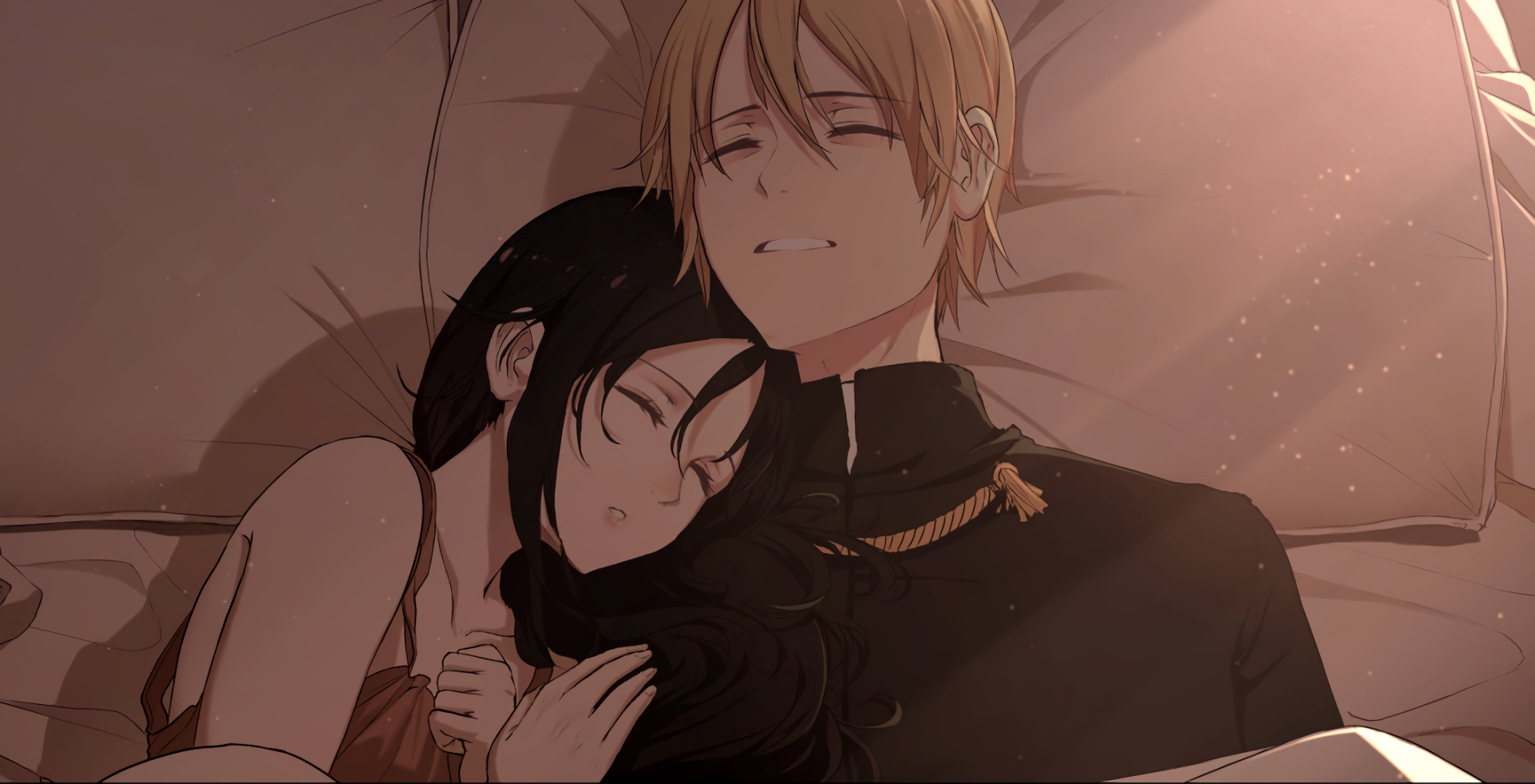 HD PC desktop wallpaper from the anime Kaguya-sama: Love is War, featuring Miyuki Shirogane and Kaguya Shinomiya peacefully resting together.