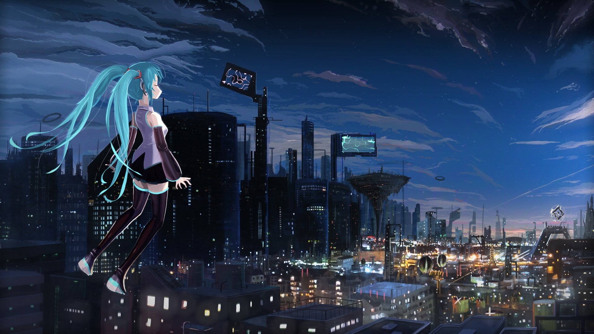 Anime cityscape at night with Hatsune Miku overlooking a futuristic urban skyline, captured in 4K Ultra HD as a vibrant Vocaloid-themed PC desktop wallpaper.