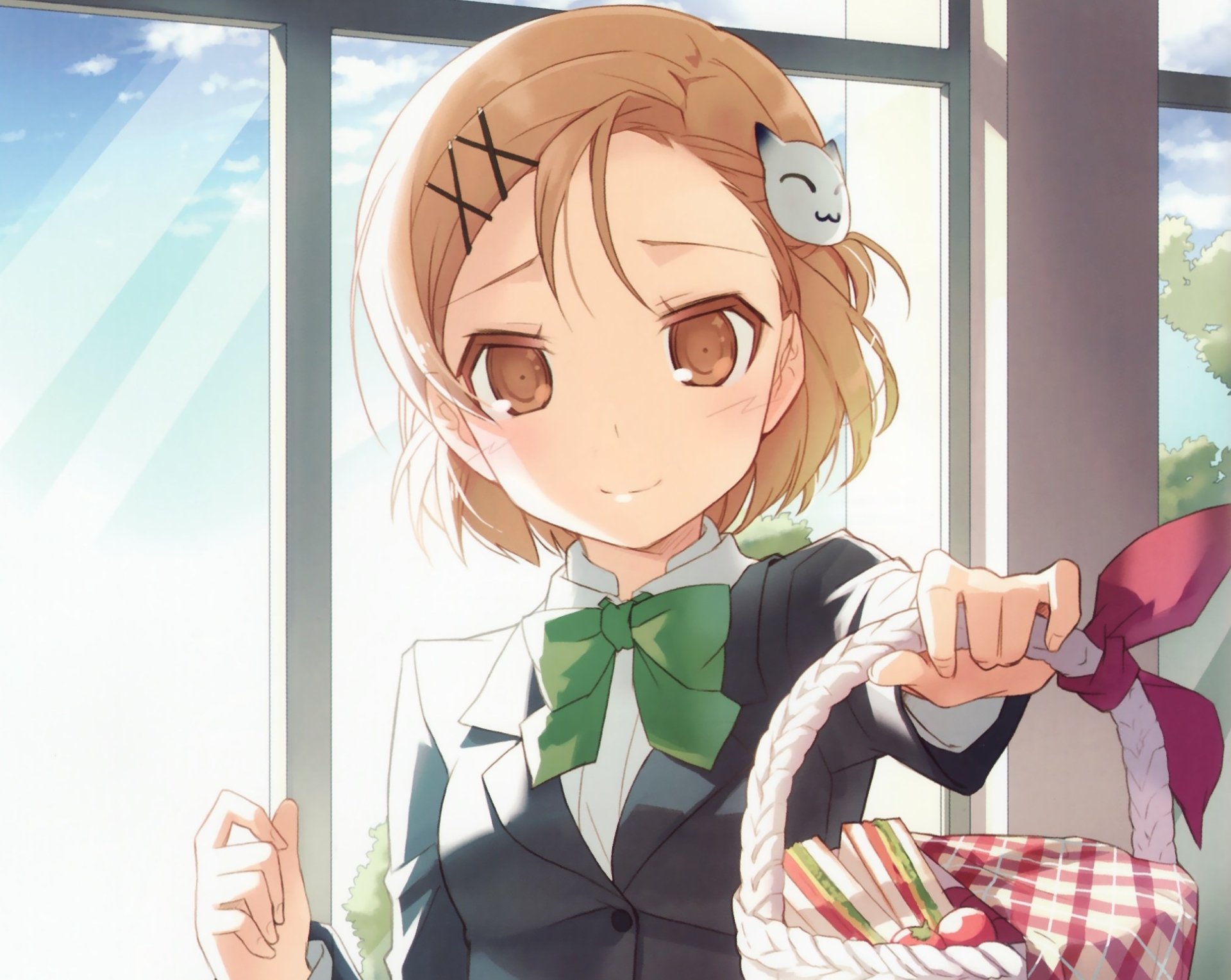 Chiyuri Kurashima from Accel World — anime HD PC desktop wallpaper: smiling schoolgirl with short blonde hair, cat hairclip and green bow holding a basket by a sunlit window.