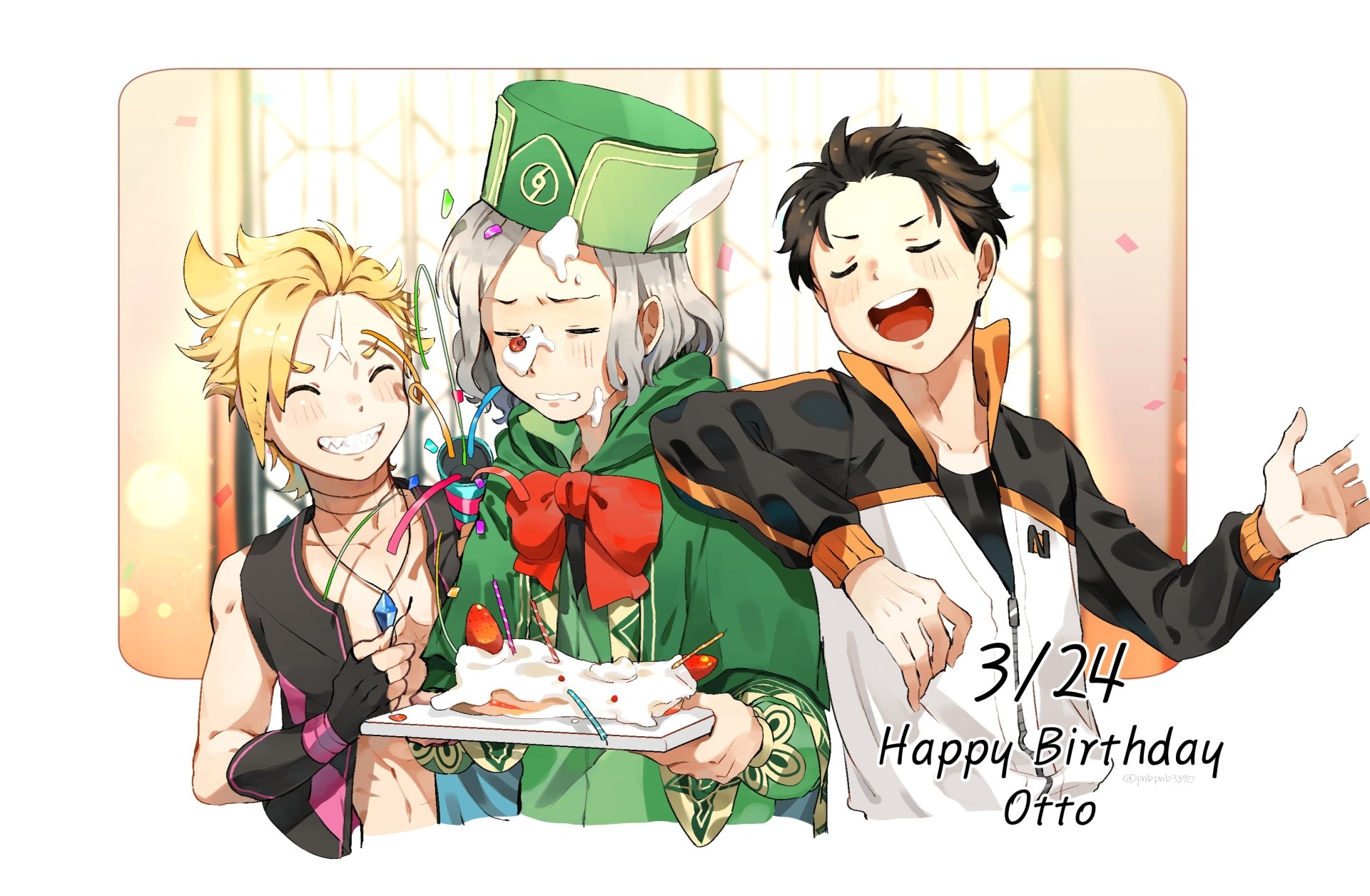 HD anime desktop wallpaper featuring Garfiel Tinsel, Subaru Natsuki, and Otto Suwen from Re:Zero - Starting Life in Another World, celebrating Otto's birthday on March 24.