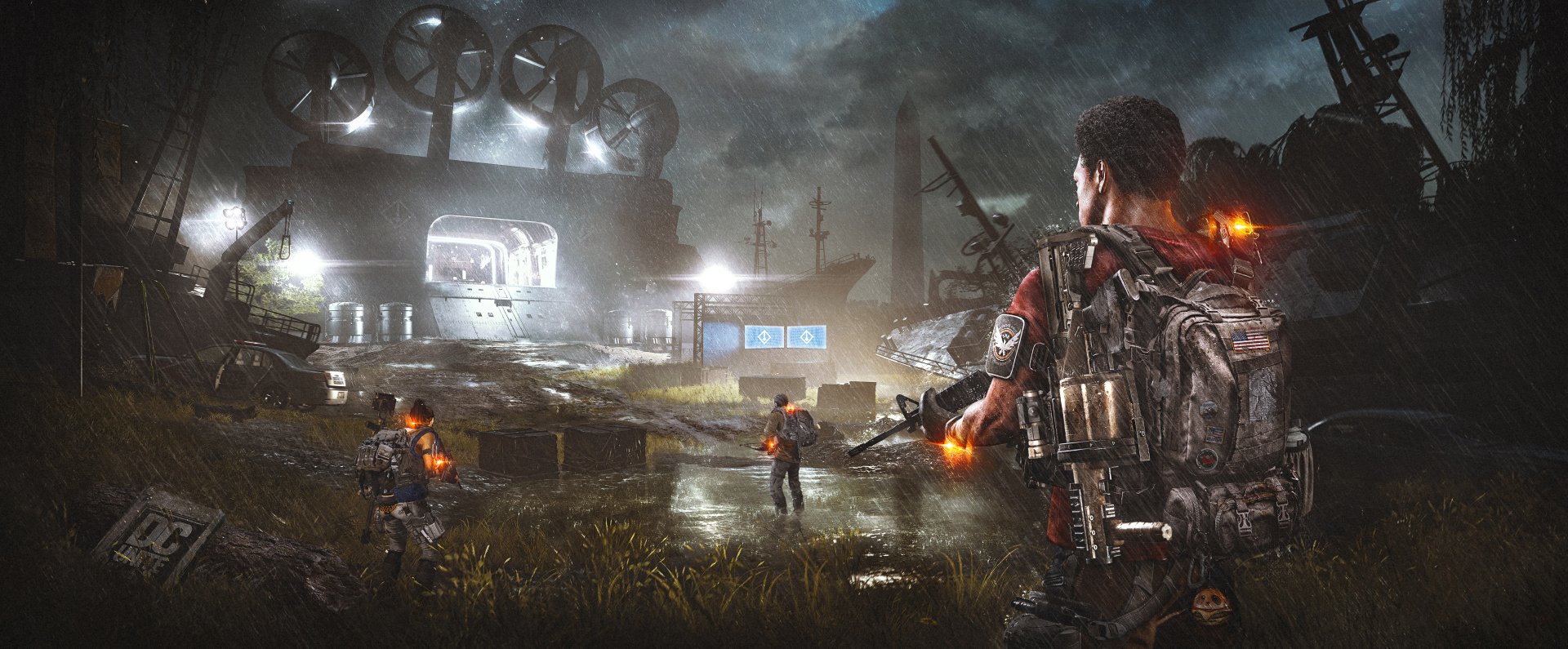 4K Ultra HD PC wallpaper depicting a tense, rain-soaked urban battlefield scene from Tom Clancy's The Division 2 with armed agents preparing for combat.