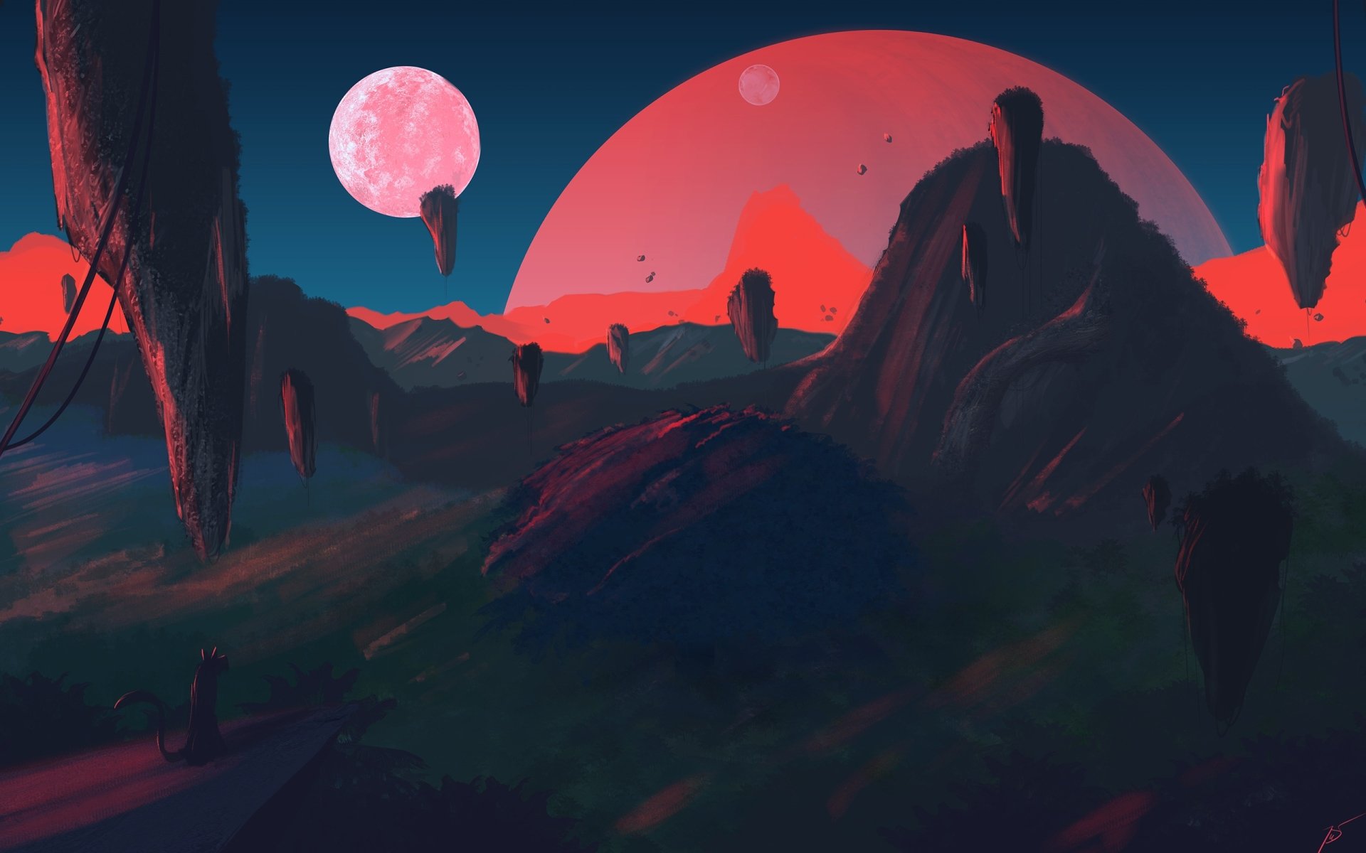 2K Quad HD PC desktop wallpaper: sci-fi landscape of rugged alien mountains and floating islands silhouetted against a massive red planet and a pink moon.