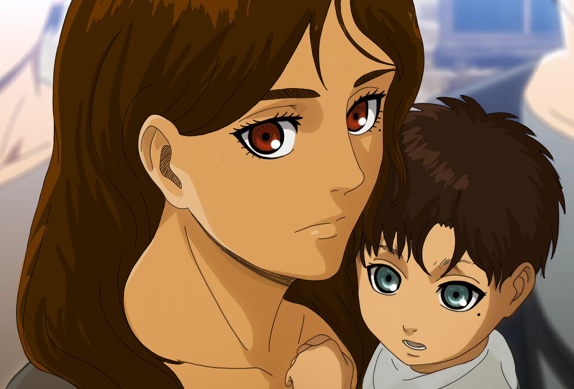 HD anime wallpaper featuring Carla Yeager holding young Eren Yeager from Attack on Titan, showcasing their close bond in a detailed, vibrant PC desktop background.