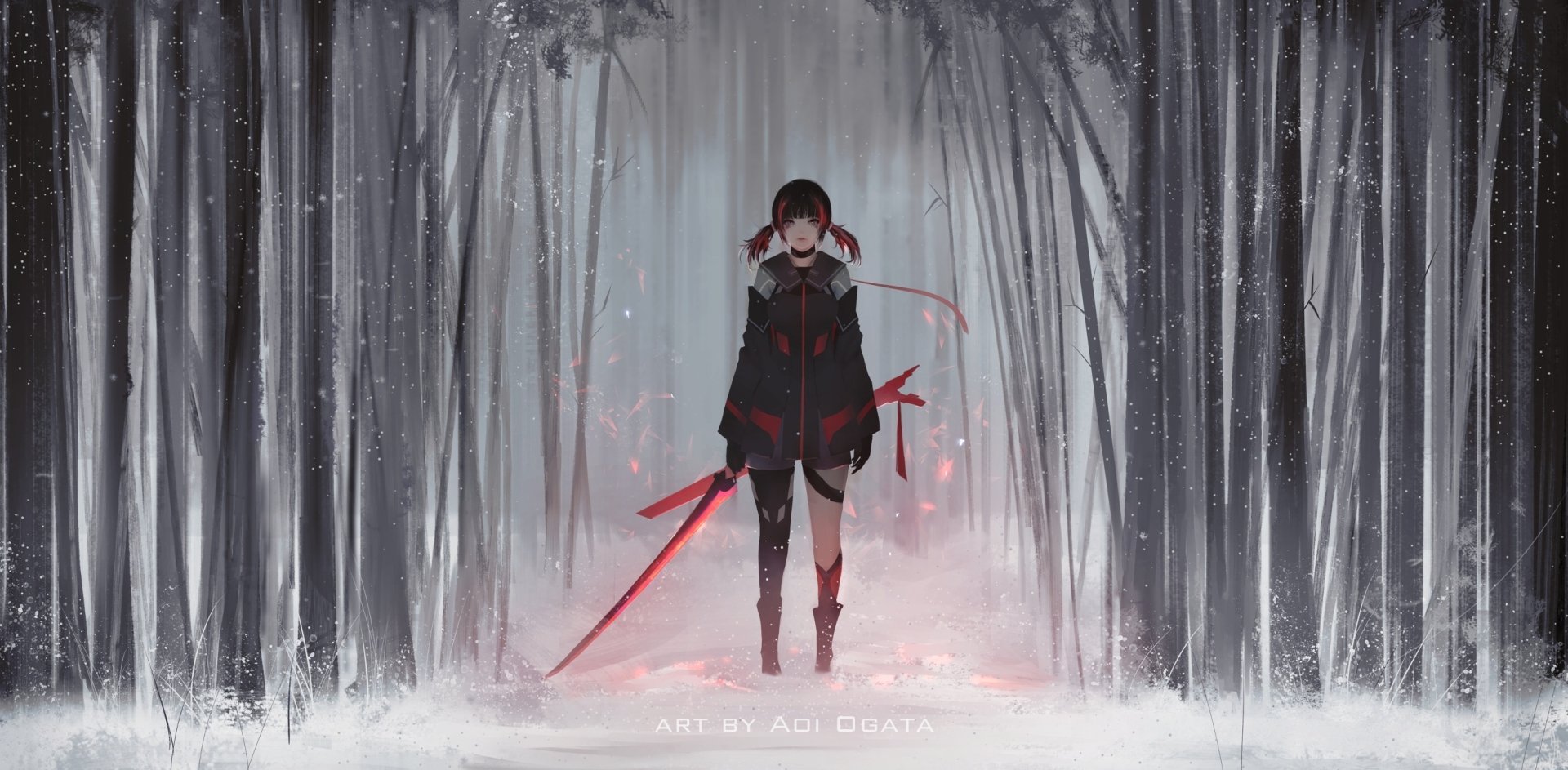 HD anime wallpaper featuring an original character with dual red swords, standing in a snowy forest. Art by Aoi Ogata.