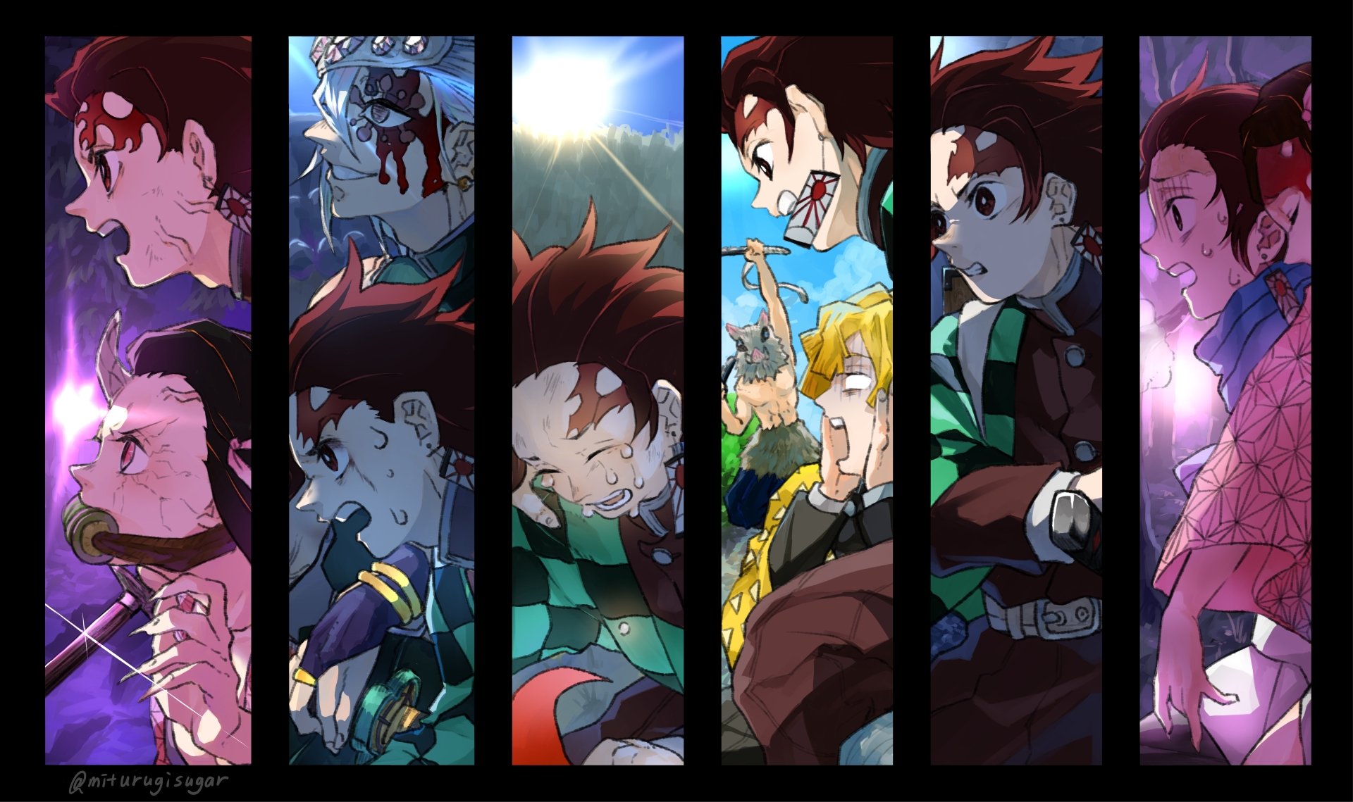 An 8K Ultra HD Demon Slayer: Kimetsu no Yaiba wallpaper featuring Inosuke Hashibira, Zenitsu Agatsuma, Nezuko Kamado, and Tanjiro Kamado in dynamic intense scenes.