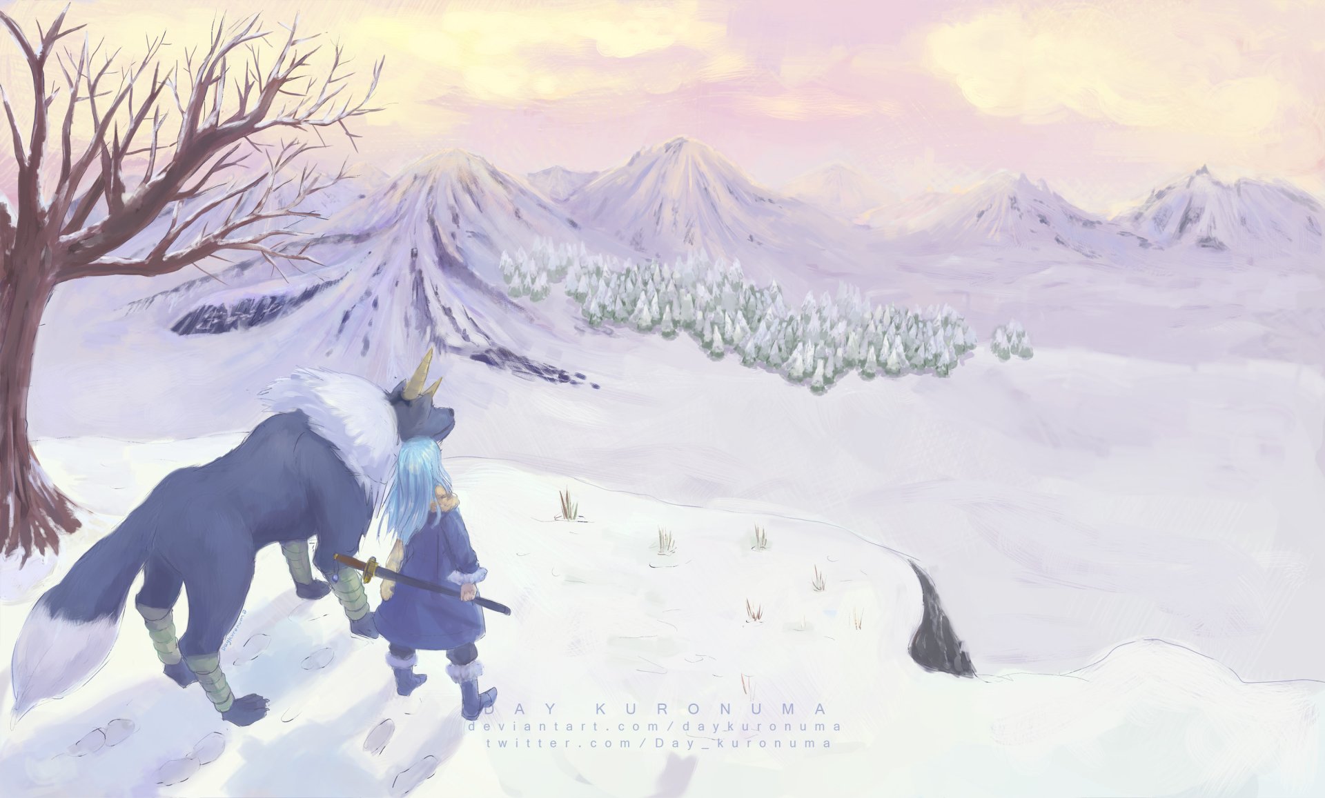 HD PC desktop wallpaper featuring Ranga and Rimuru Tempest from the anime That Time I Got Reincarnated as a Slime, overlooking a snowy mountain landscape.