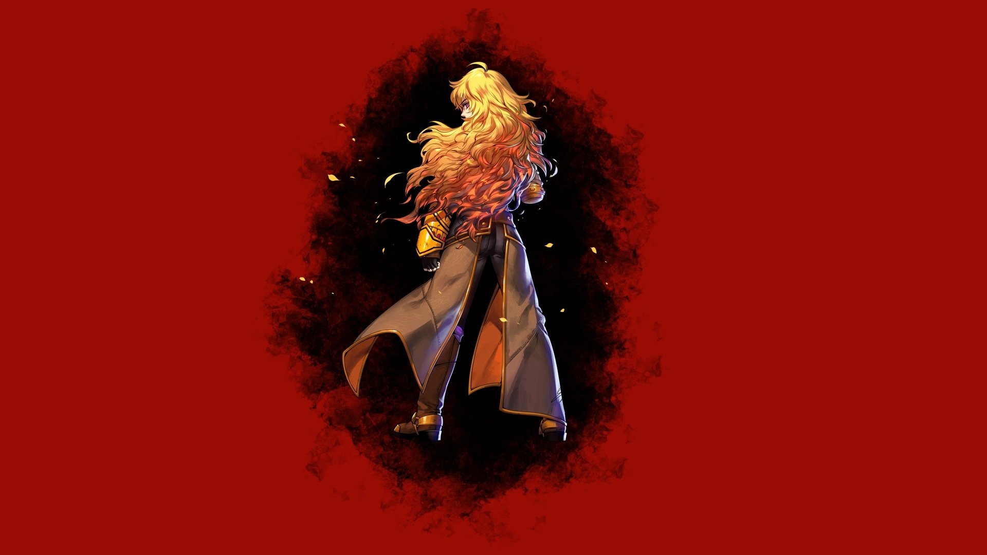 HD PC desktop wallpaper of Yang Xiao Long from the anime RWBY, featuring her dynamic pose and fiery hair against a red background.