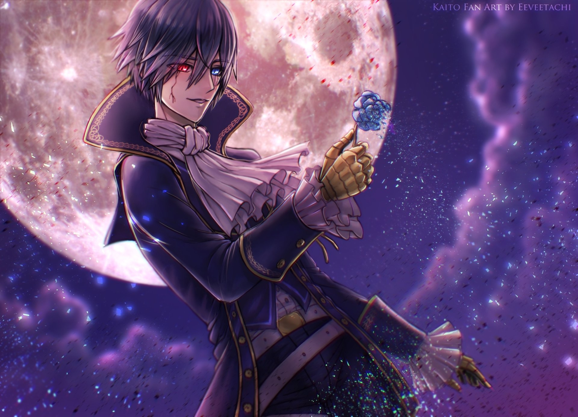 HD anime desktop wallpaper of Kaito (Vocaloid) with heterochromia—one red eye, one blue—wearing an ornate coat and golden glove, holding a glowing blue rose before a full moon.