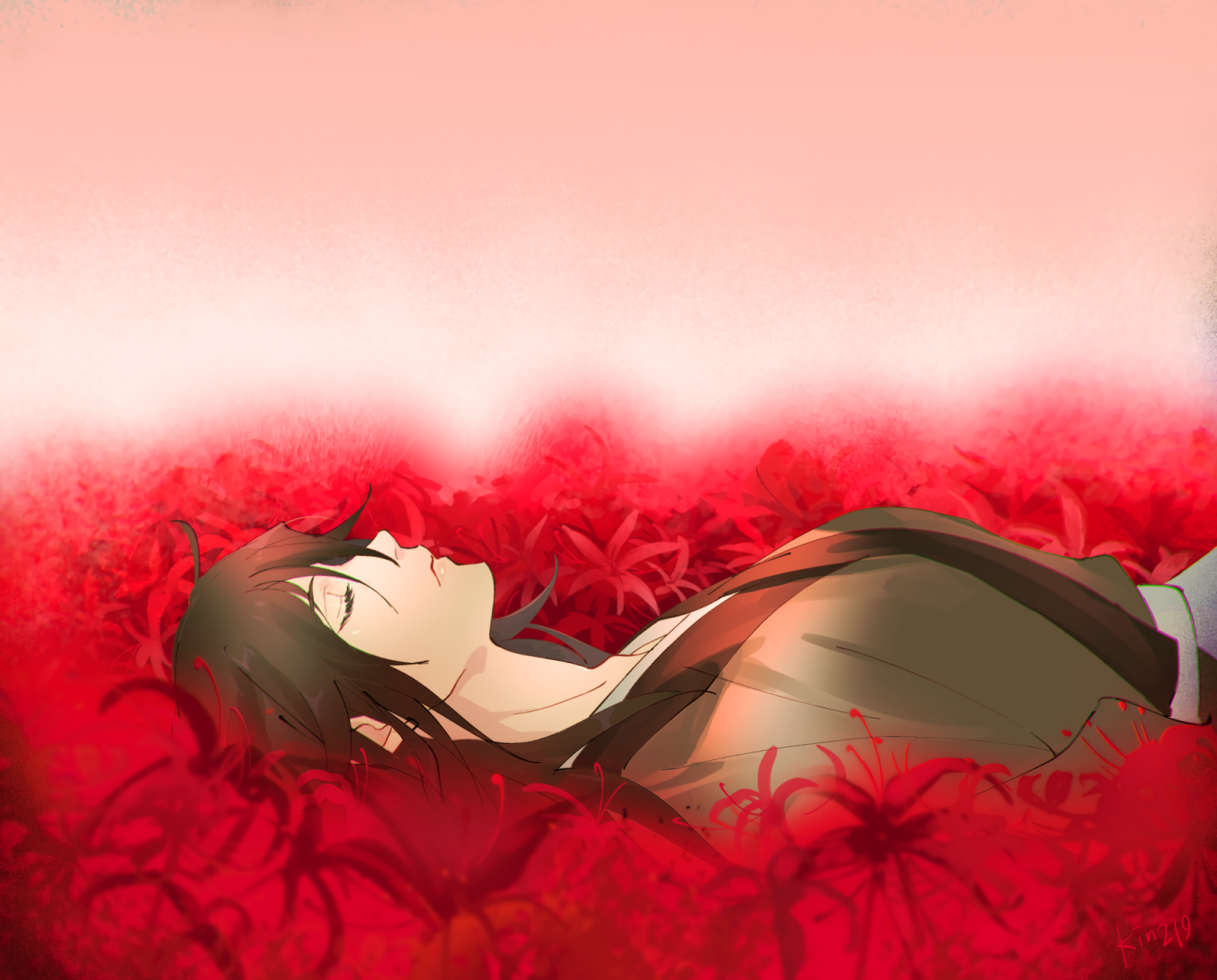 HD anime wallpaper featuring Hyakkimaru from Dororo lying peacefully among vibrant red flowers with a soft pink and red gradient background.