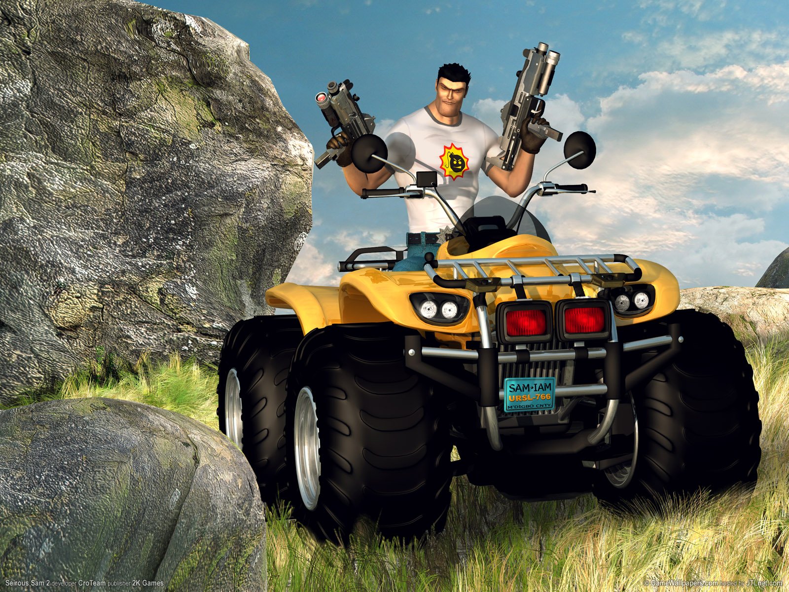 A high-definition desktop wallpaper featuring Serious Sam holding dual weapons while standing beside a yellow quad bike in a vibrant landscape.