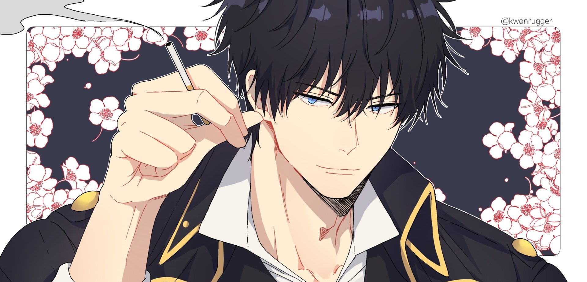 HD anime desktop wallpaper featuring Hijikata Toshizō from Gintama, set against a dark floral background with cherry blossoms.