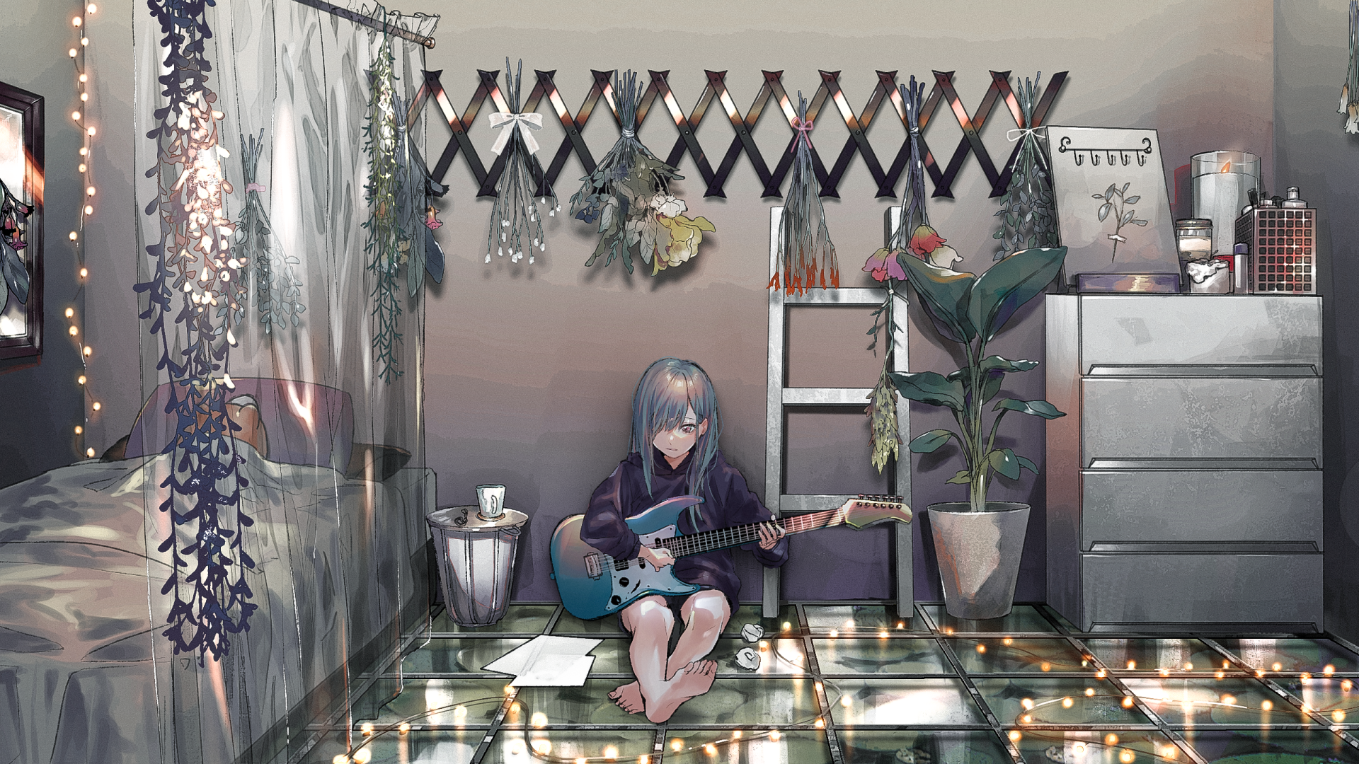 An anime character with blue hair sits on the floor of a bedroom playing a guitar, surrounded by plants, flowers, and glowing fairy lights. This HD wallpaper creates a serene, musical atmosphere.