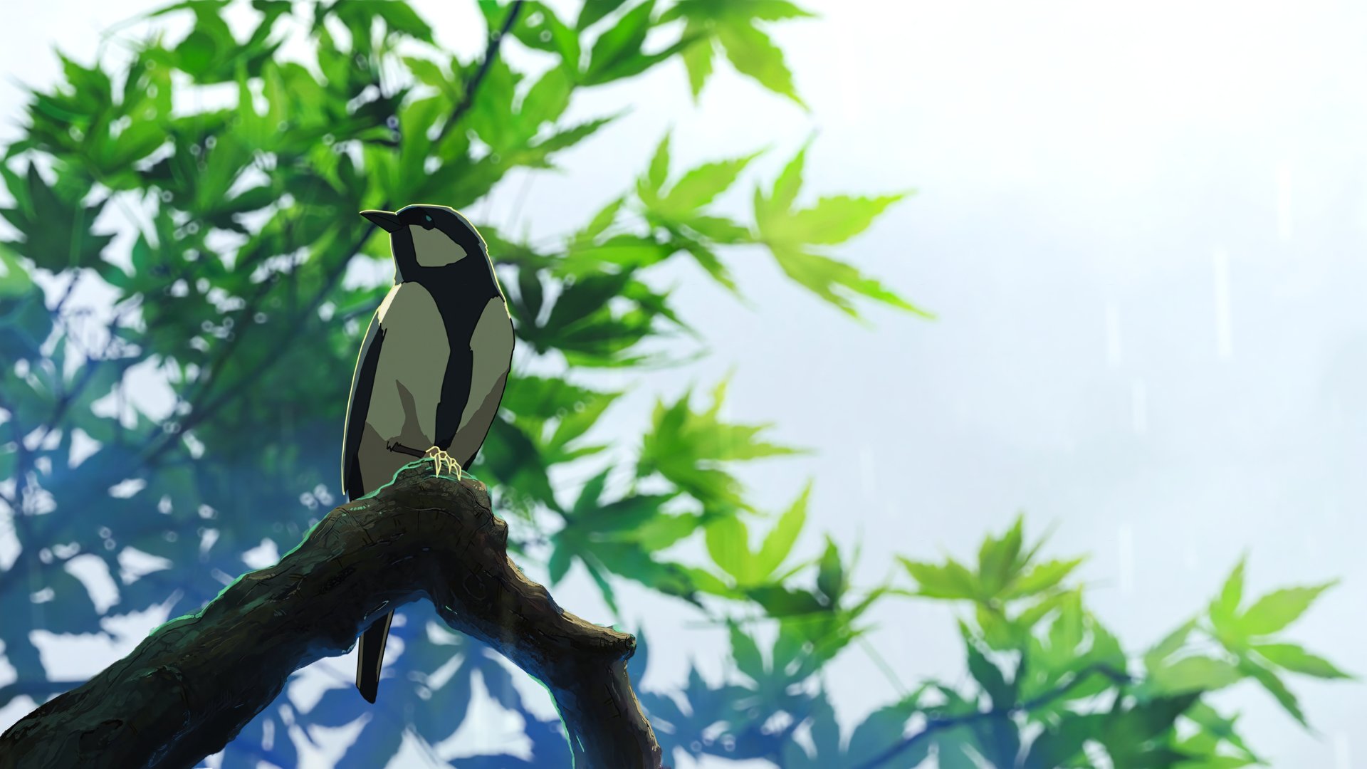 Anime-style bird perched on a branch with vibrant green leaves in the background, inspired by The Garden of Words, rendered in 8K Ultra HD for PC desktop wallpaper.