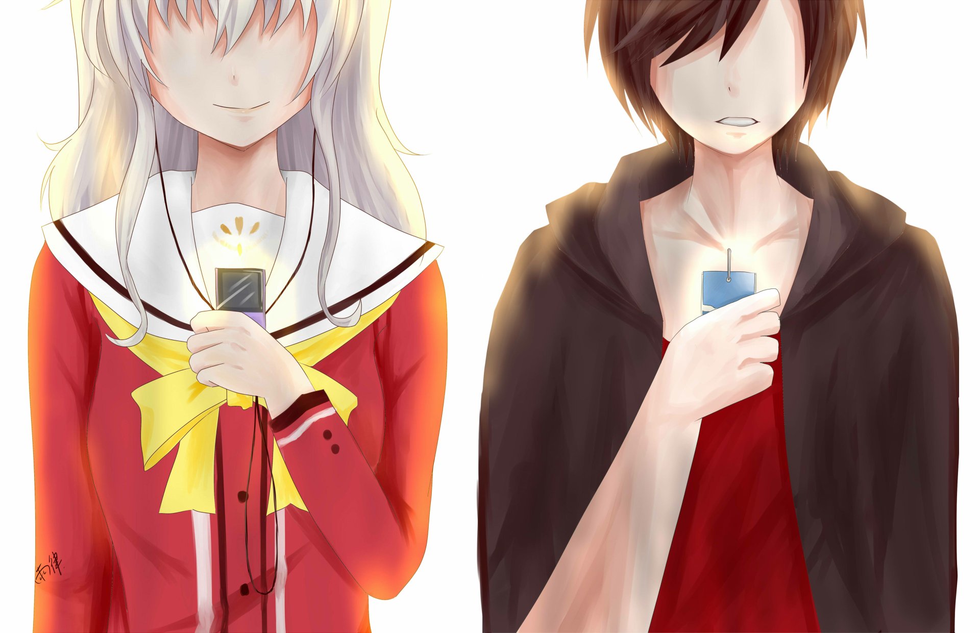 Anime-style 4K Ultra HD wallpaper featuring Nao Tomori and Yū Otosaka from Charlotte, both holding glowing devices against a white background.