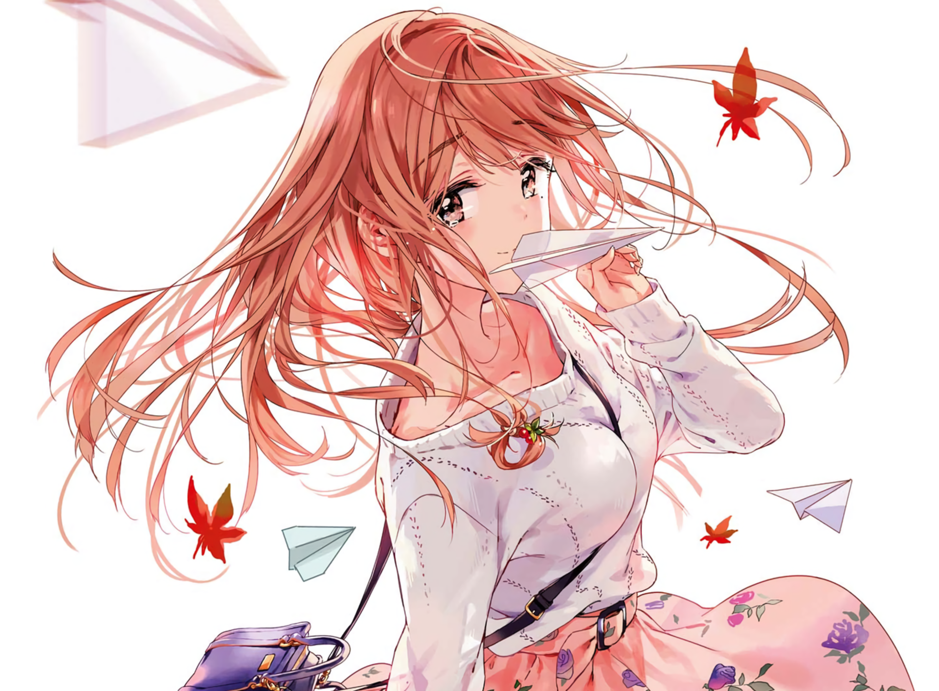 HD anime desktop wallpaper featuring Neko Fujinomiya from Masamune-kun's Revenge with flowing hair, autumn leaves, and paper airplanes in a soft, detailed style.