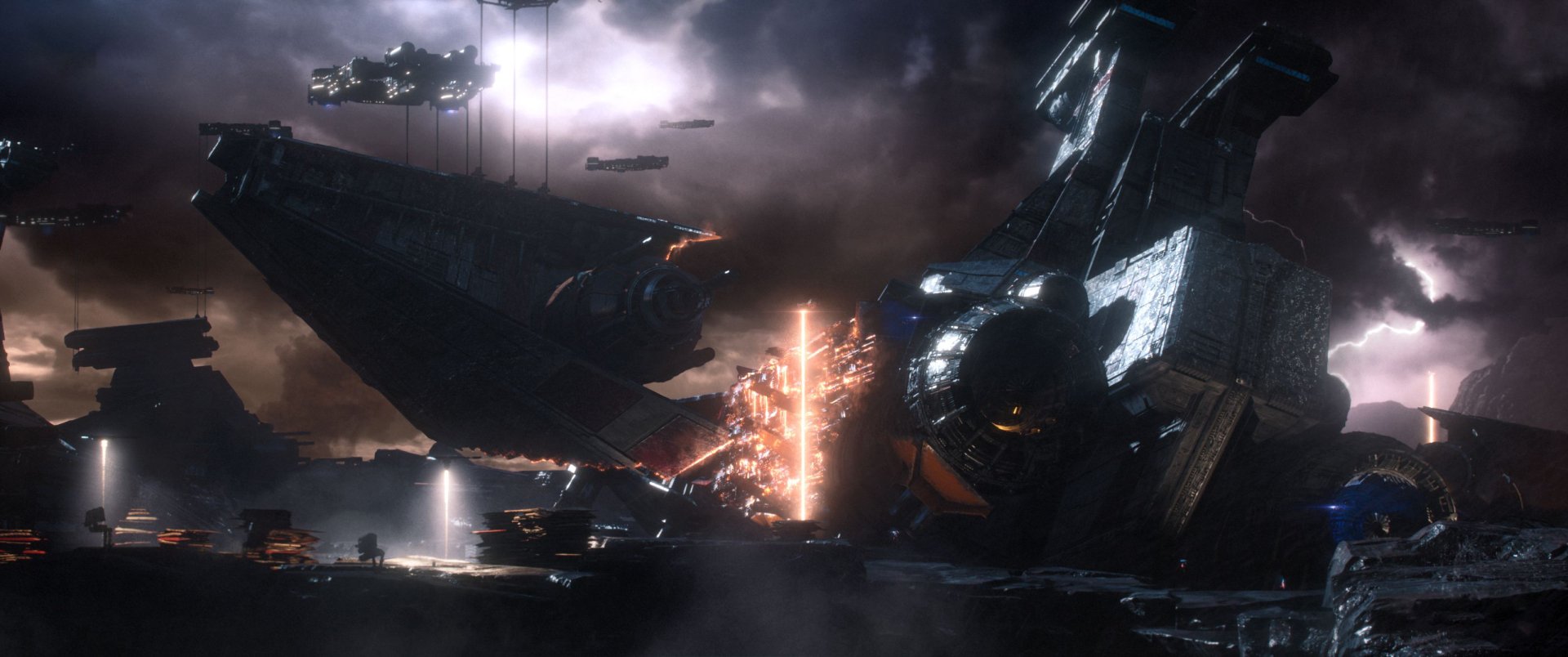 HD PC desktop wallpaper from Star Wars Jedi: Fallen Order featuring a massive Star Destroyer amid a dark, stormy space battle scene.