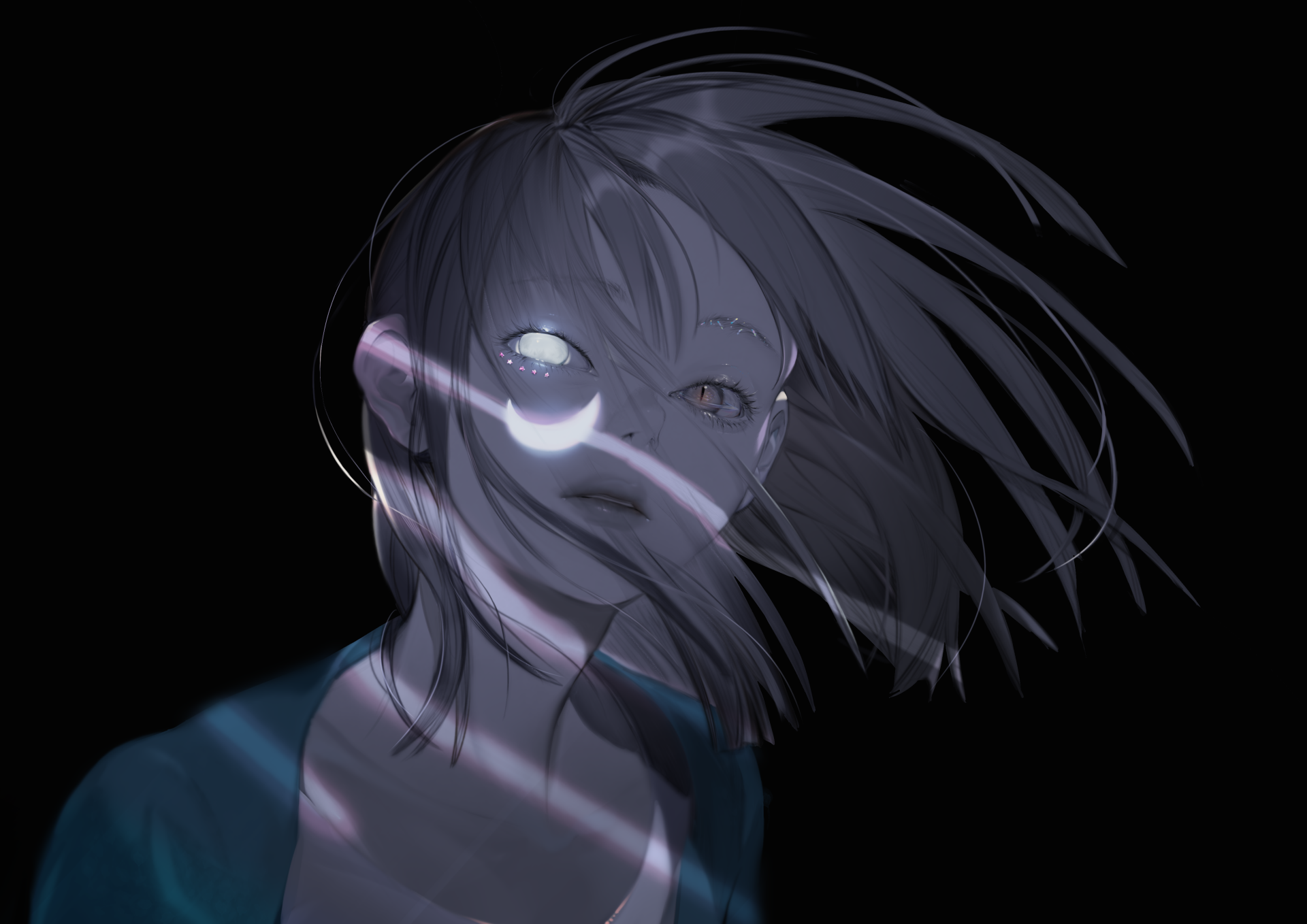 Anime-style original character with short hair and heterochromia, featuring one white eye and one yellow eye, rendered in 4K Ultra HD against a dark background.