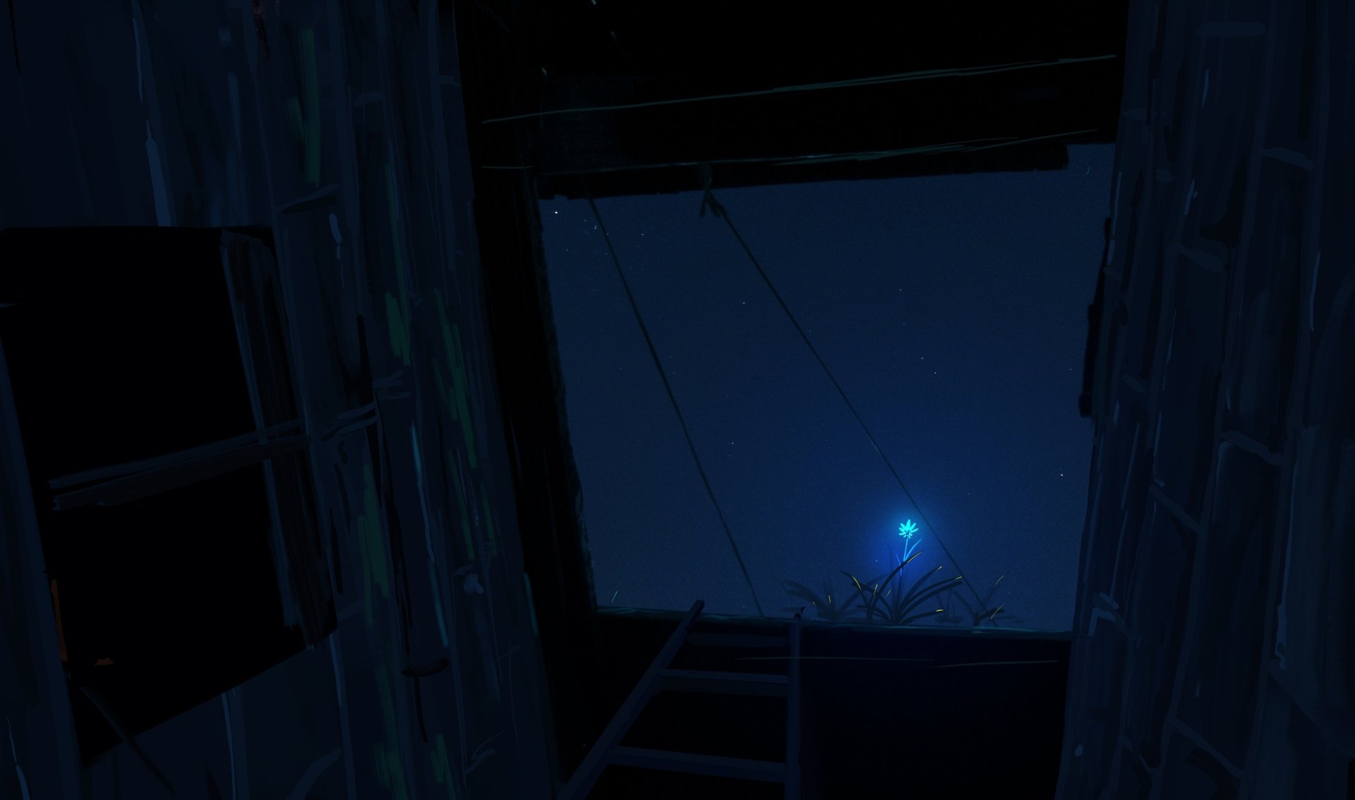 HD anime wallpaper featuring a night scene viewed from a dark room, with a blue glowing light in the starry sky outside.