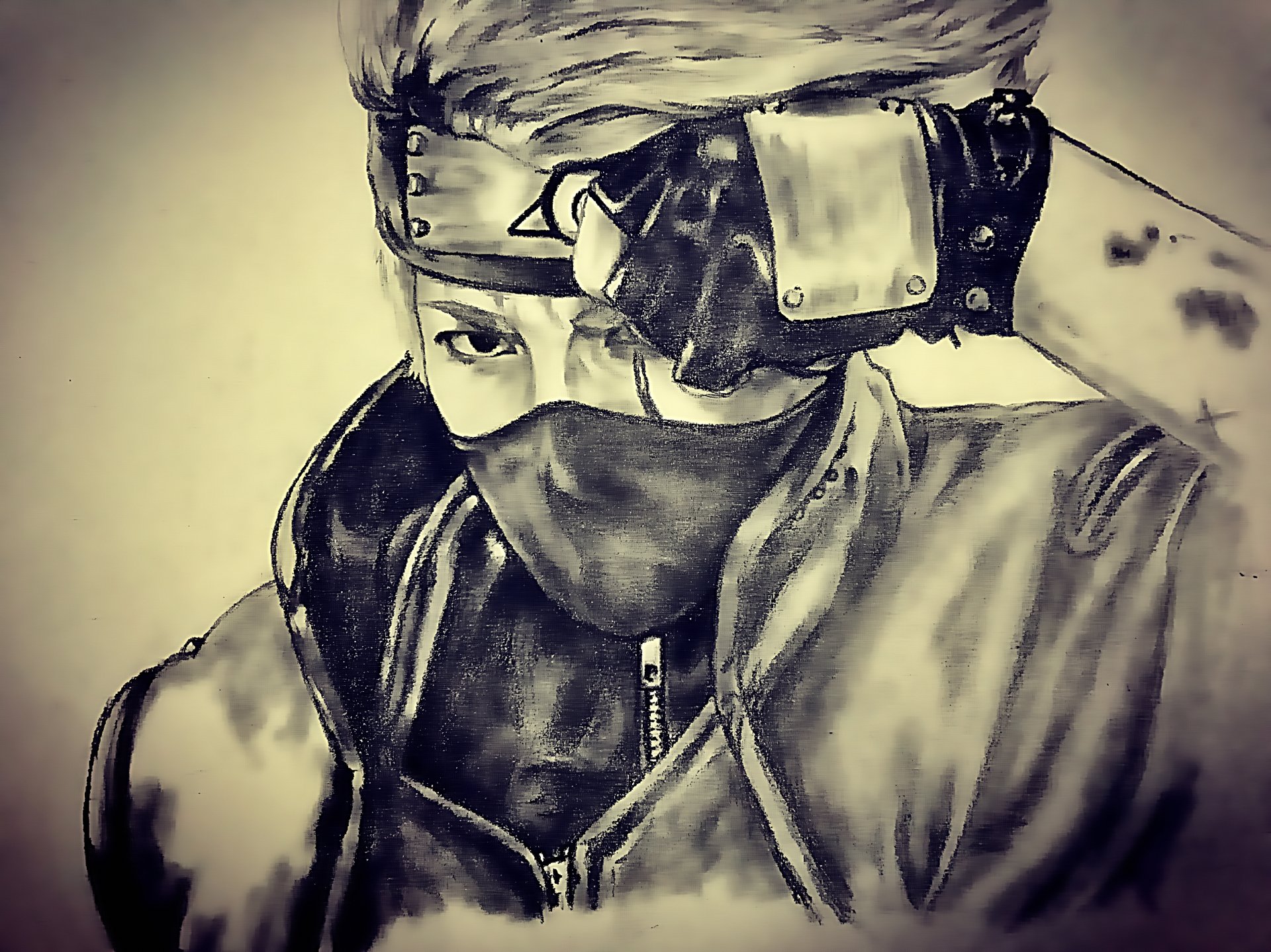HD anime desktop wallpaper featuring Kakashi Hatake from Naruto, depicted in a monochrome, detailed sketch style with his signature headband and mask.