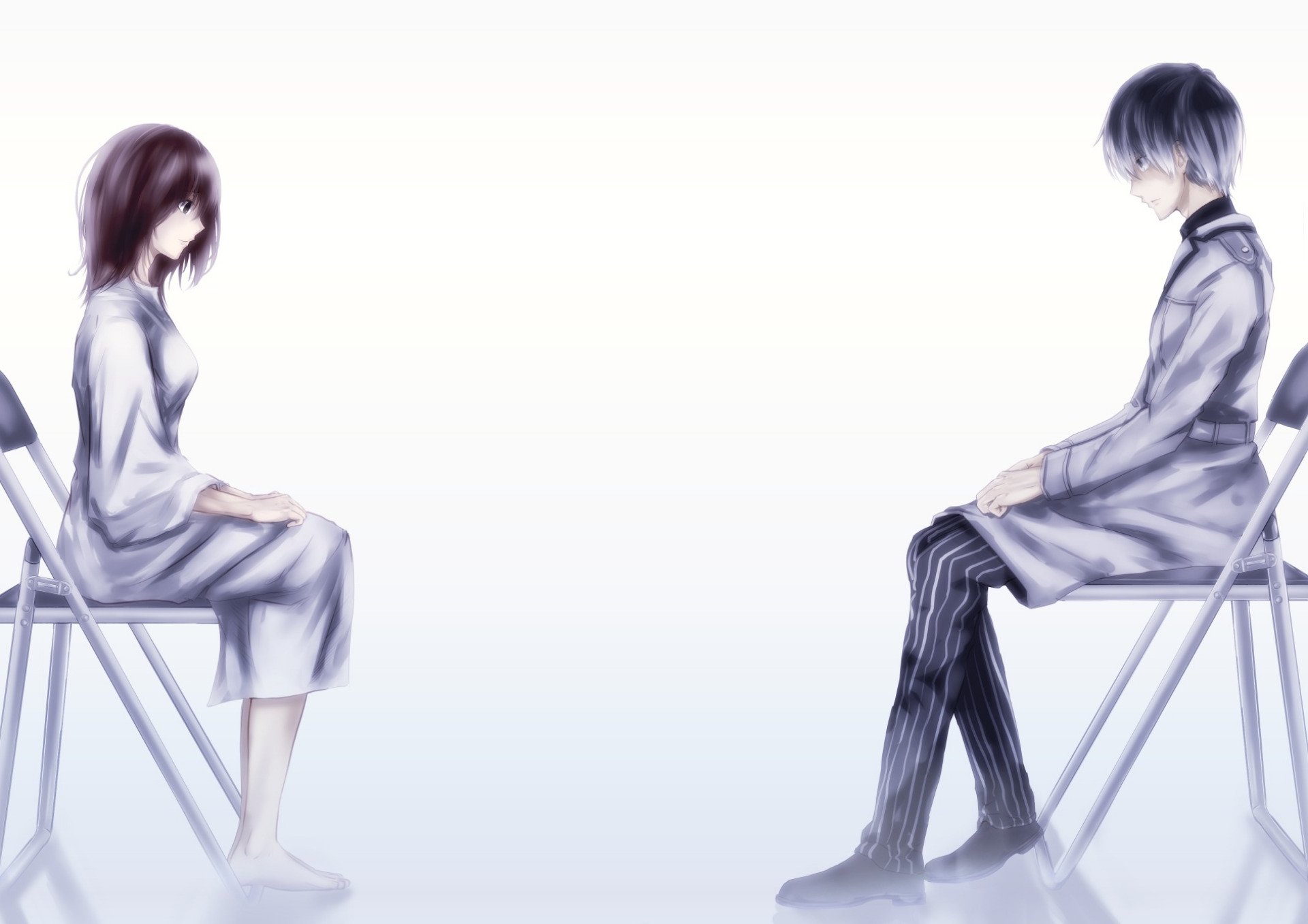 HD PC wallpaper featuring Hinami Fueguchi and Haise Sasaki (Ken Kaneki) from the anime Tokyo Ghoul:re, seated on chairs facing each other against a white background.