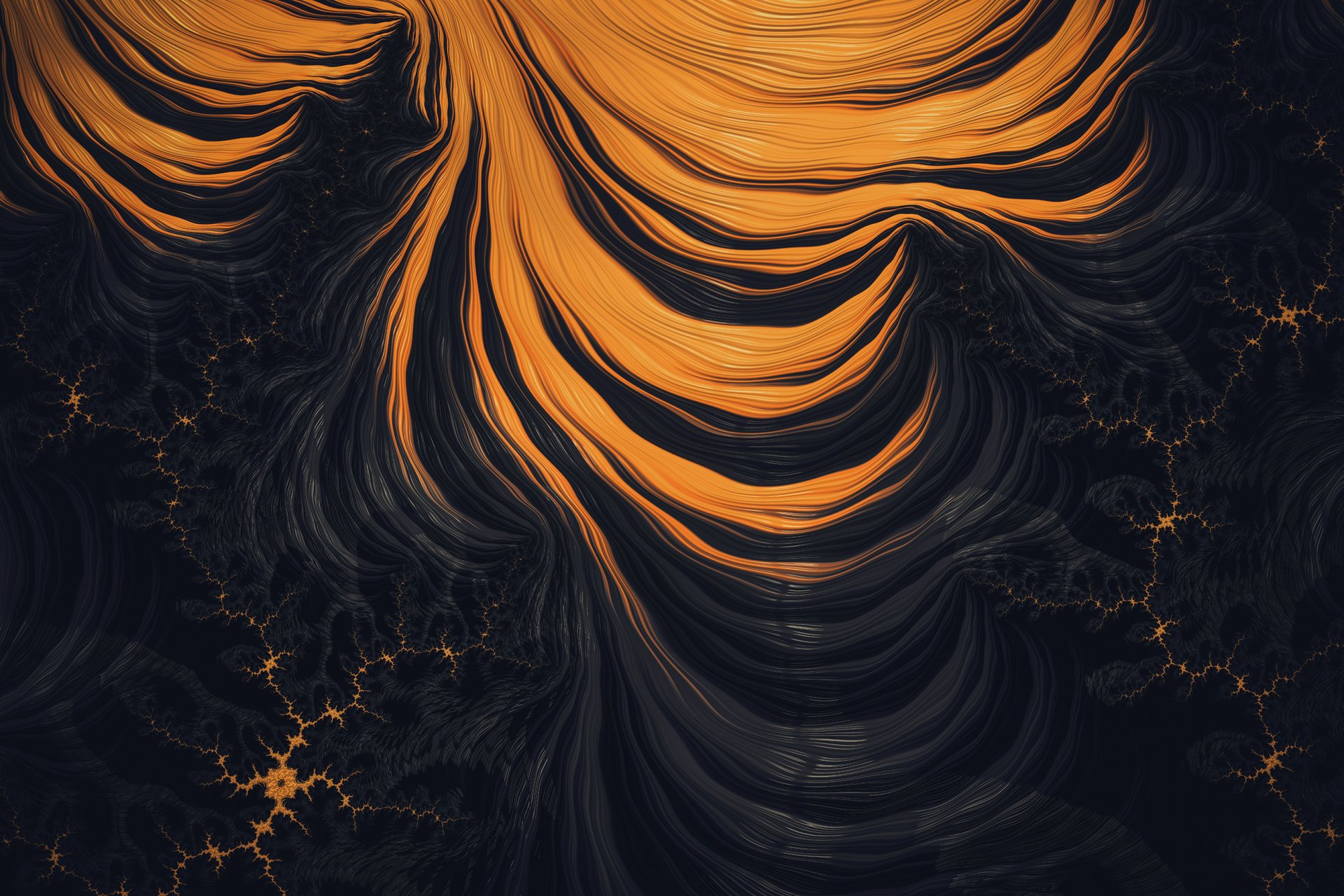 Abstract artistic HD desktop wallpaper featuring flowing orange and black patterns with intricate details.