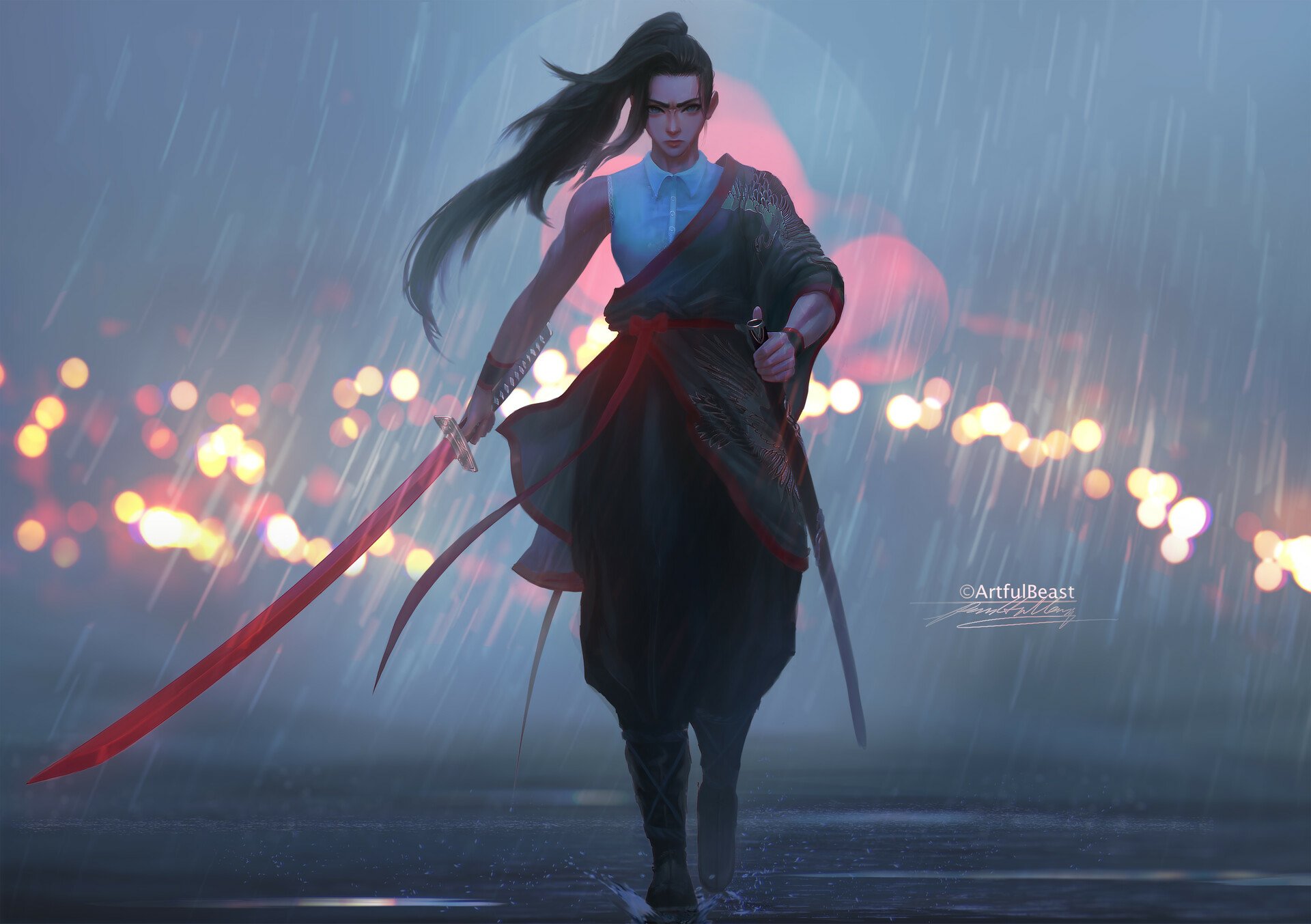 Anime warrior strides through heavy rain with long flowing hair and a glowing sword, set against a blurred city lights background in this HD PC desktop wallpaper.