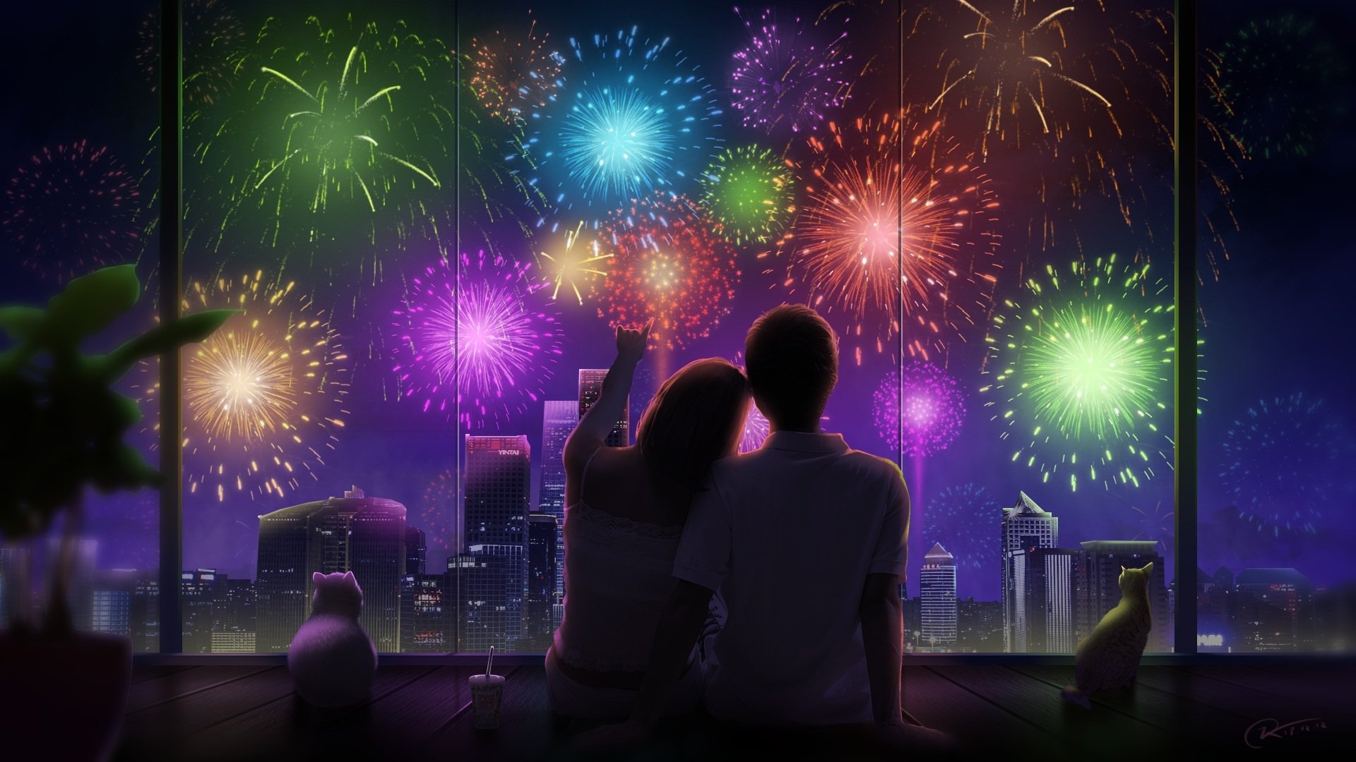 Anime-style HD desktop wallpaper featuring a couple and two cats watching colorful fireworks over a cityscape at night.