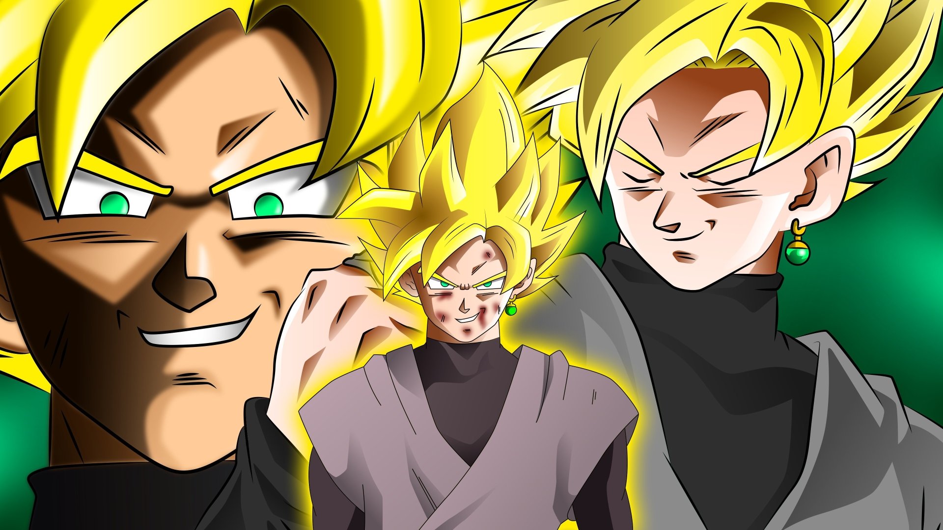 4K Ultra HD Dragon Ball Super wallpaper featuring three Super Saiyan Black Goku poses: menacing close-up, glowing full-body with aura, calm side profile with Potara earring.
