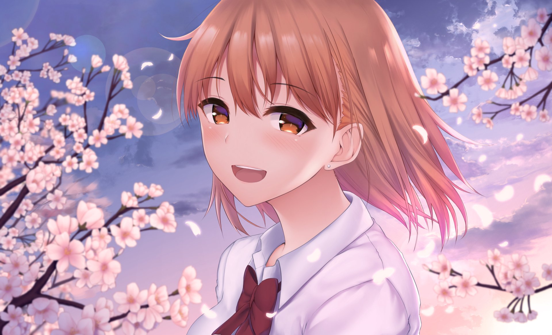 Download Bow Tie Cherry Blossom Brown Eyes Brown Hair Short Hair Anime Original HD Wallpaper by Satosi