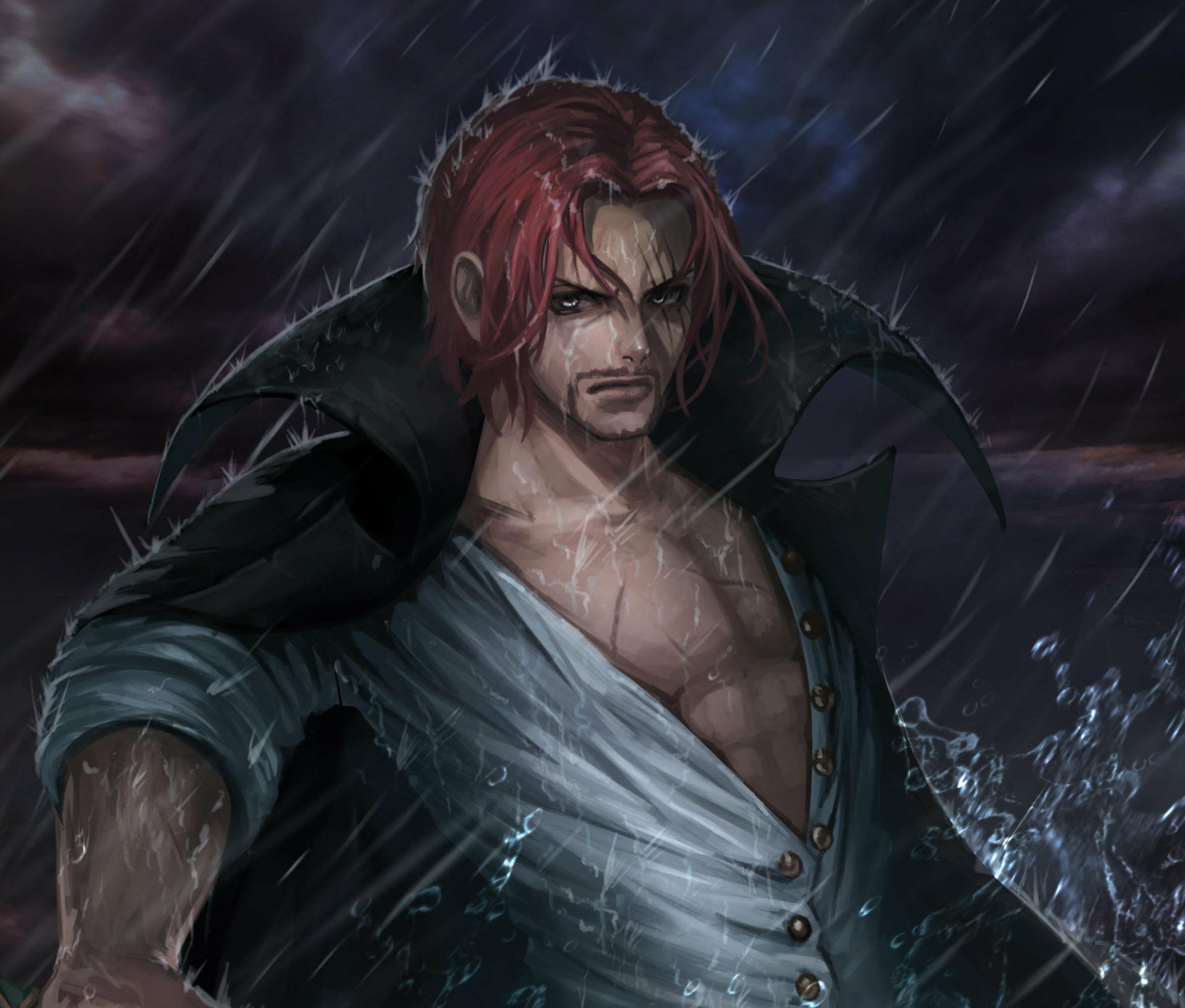HD PC desktop wallpaper featuring Shanks from the anime One Piece, depicted with a serious expression under rain and dark stormy skies.
