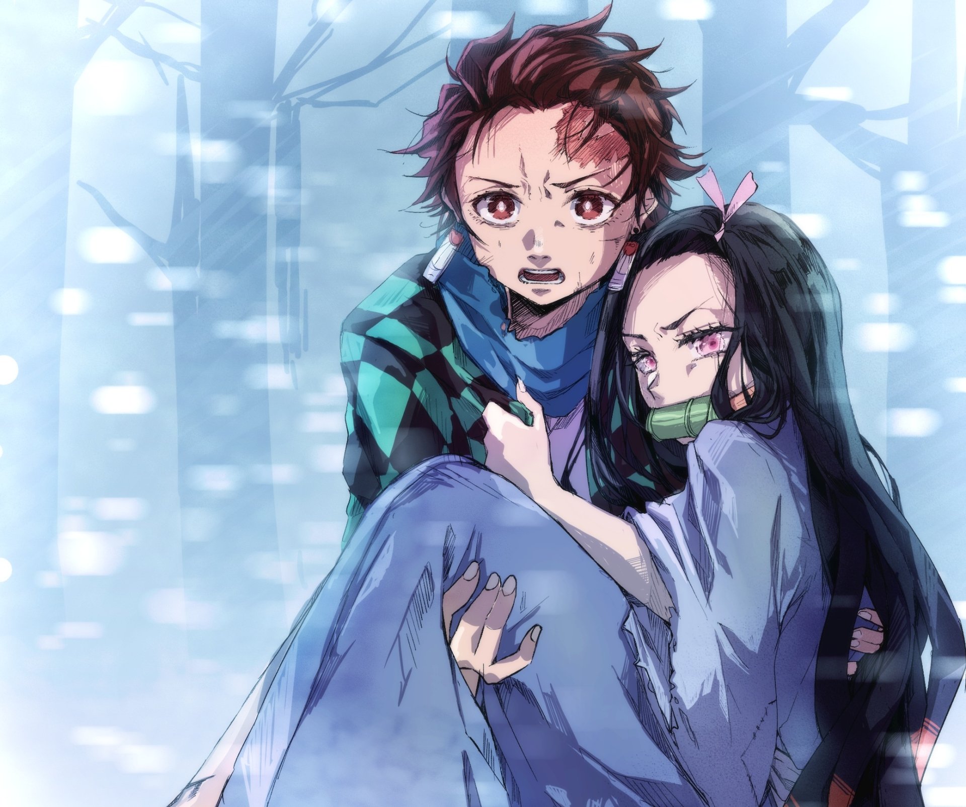 HD desktop wallpaper featuring Tanjiro Kamado holding Nezuko Kamado from the anime Demon Slayer: Kimetsu no Yaiba in a protective embrace.