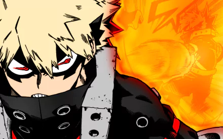 HD PC desktop wallpaper featuring Katsuki Bakugou from the anime My Hero Academia with an intense expression and fiery background.
