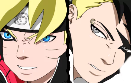 8K Ultra HD anime wallpaper featuring close-up of Boruto Uzumaki and Kawaki from Boruto, showcasing vibrant colors and detailed character designs for PC desktop backgrounds.
