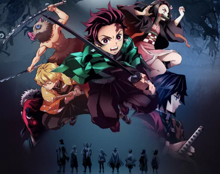 HD desktop wallpaper featuring Zenitsu Agatsuma, Giyuu Tomioka, Inosuke Hashibira, Nezuko Kamado, and Tanjiro Kamado from the anime Demon Slayer: Kimetsu no Yaiba, displaying a dynamic action scene.