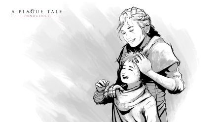 HD wallpaper featuring Amicia and Hugo de Rune from A Plague Tale: Innocence in a monochrome illustration.